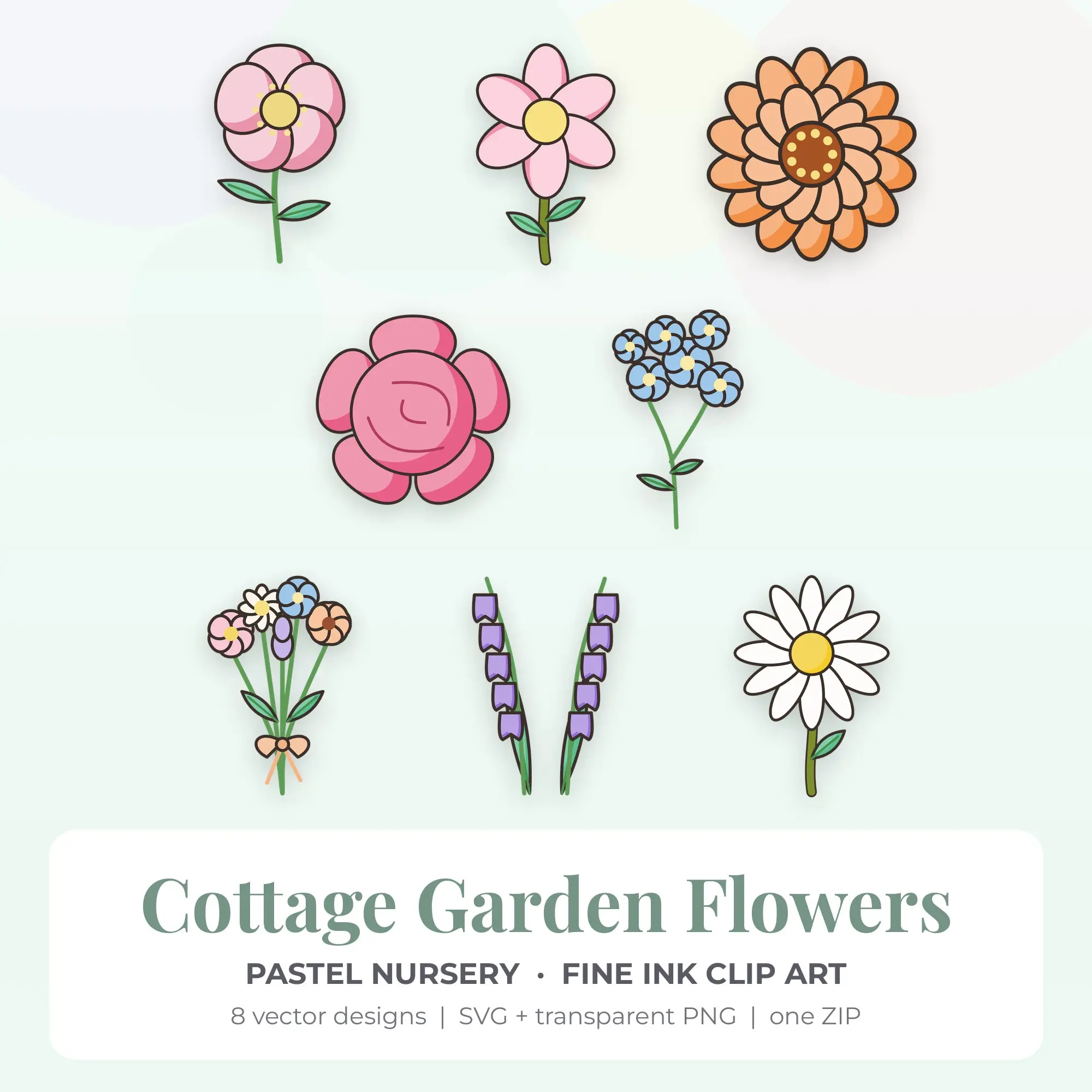 Cottage Garden Flowers SVG Clipart Pack, Fine Ink Style - 8 Designs preview
