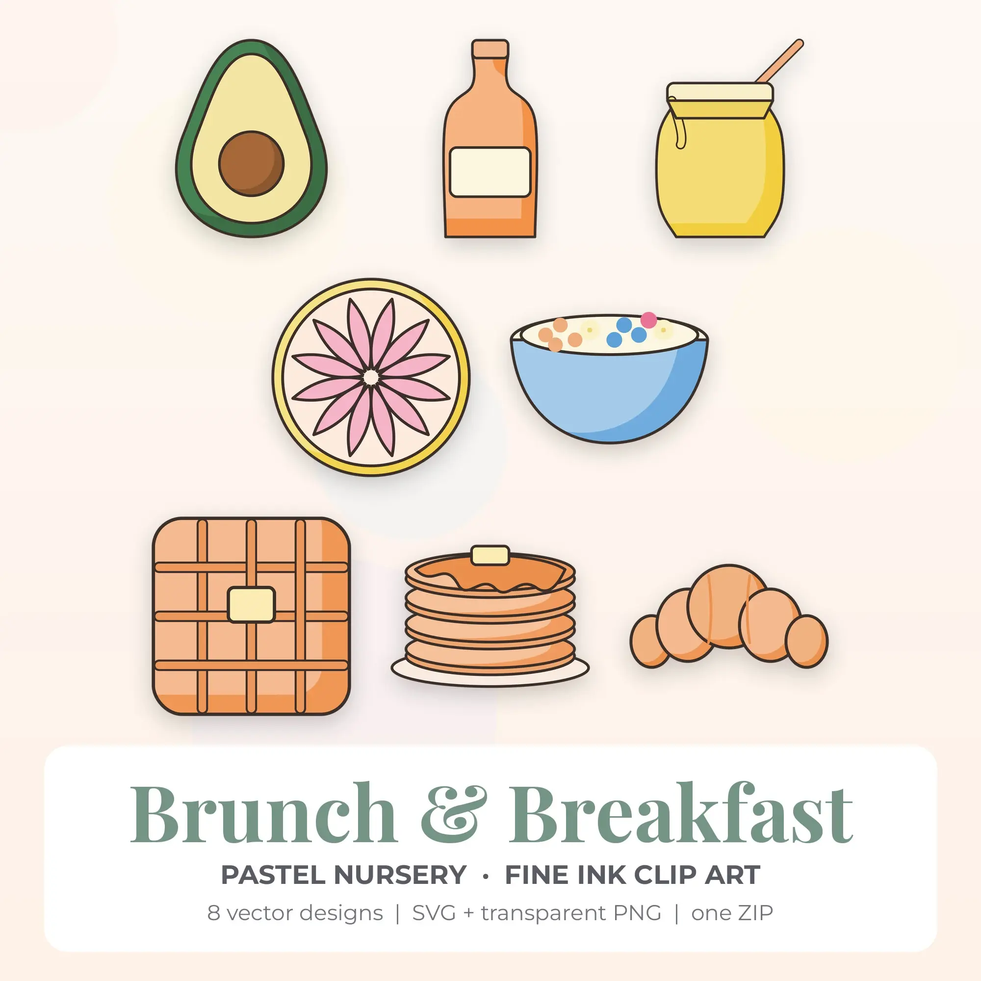 8 Fine Ink Brunch & Breakfast Clipart Illustrations, SVG PNG preview
