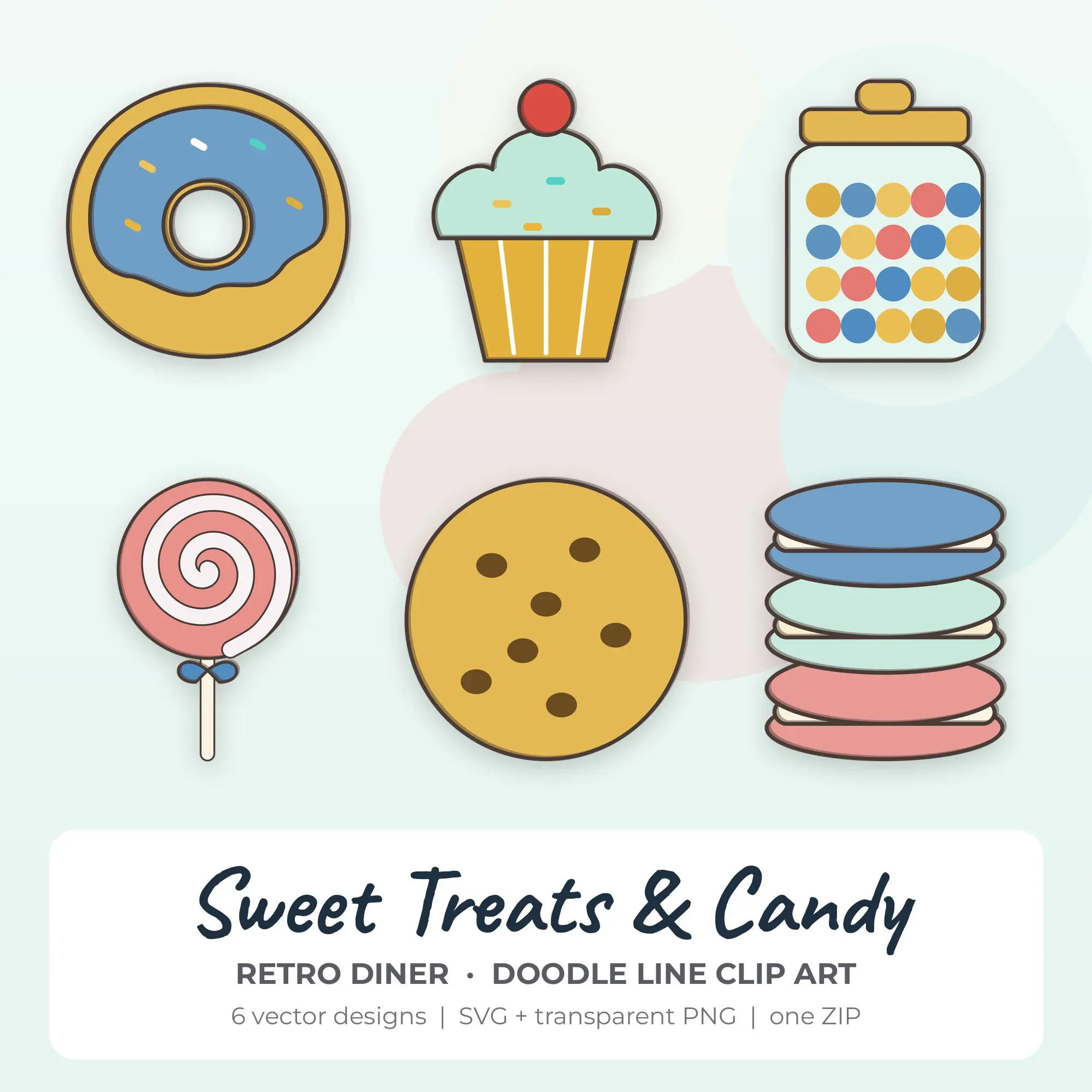 Retro Diner Doodle Line Sweet Treats & Candy Clipart - 6 Vector Files preview