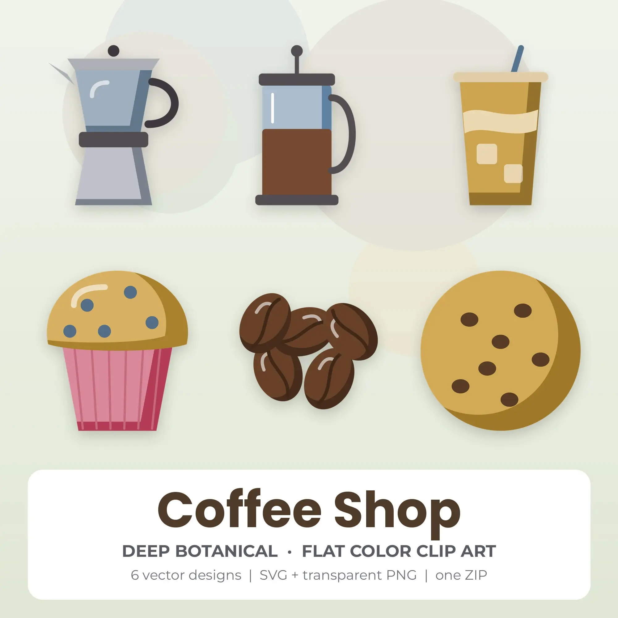 Flat Color Coffee Shop Clipart Bundle, Deep Botanical - 6 PNG SVG preview