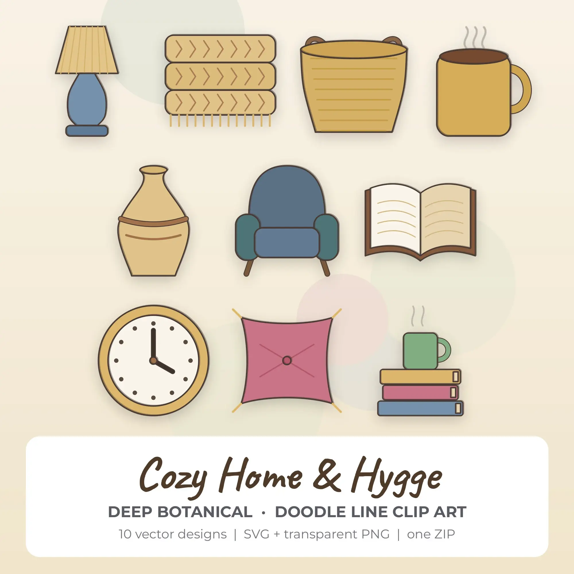 Deep Botanical Cozy Home & Hygge Clip Art Set - 10 Vector SVG PNG preview