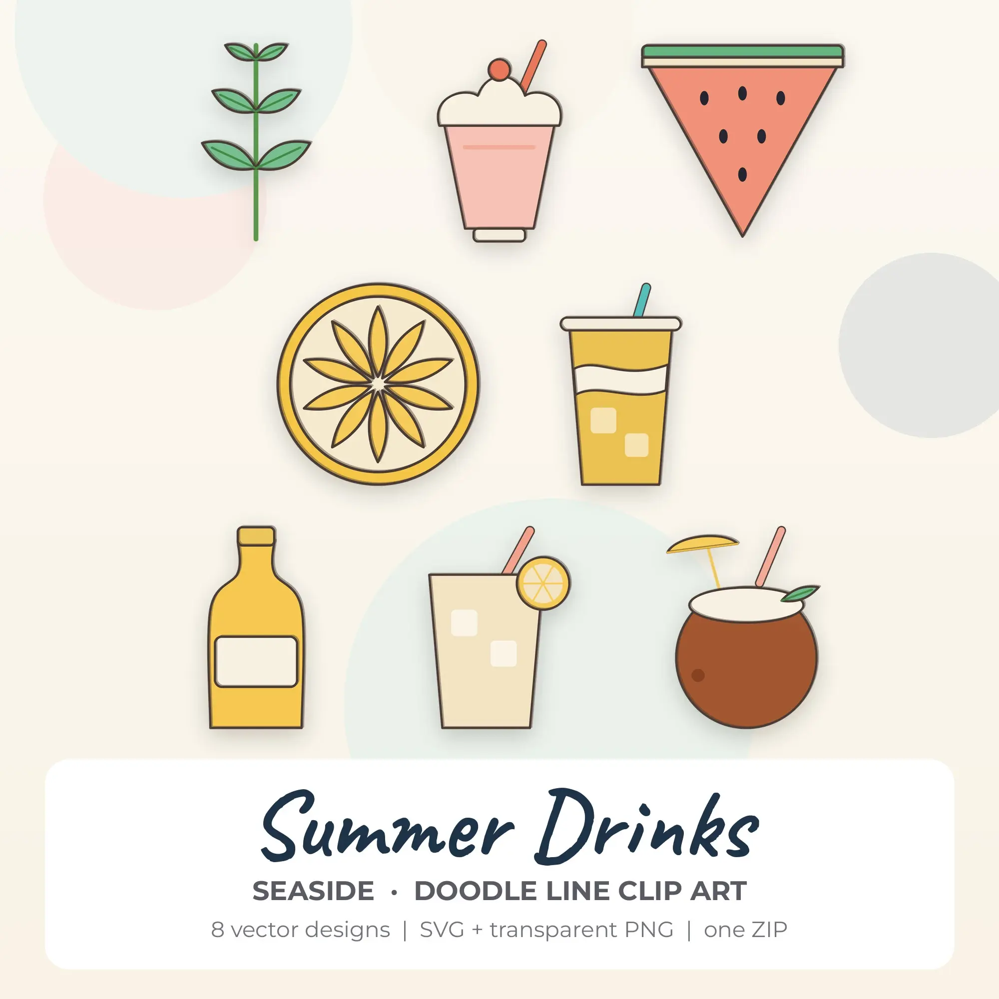 8 Doodle Line Summer Drinks Clipart Illustrations, SVG PNG, preview 1 of 2