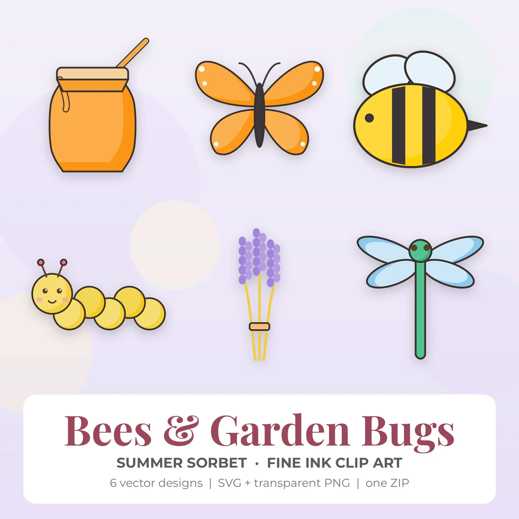 Summer Sorbet Fine Ink Bees & Garden Bugs Clipart - 6 Vector Files preview