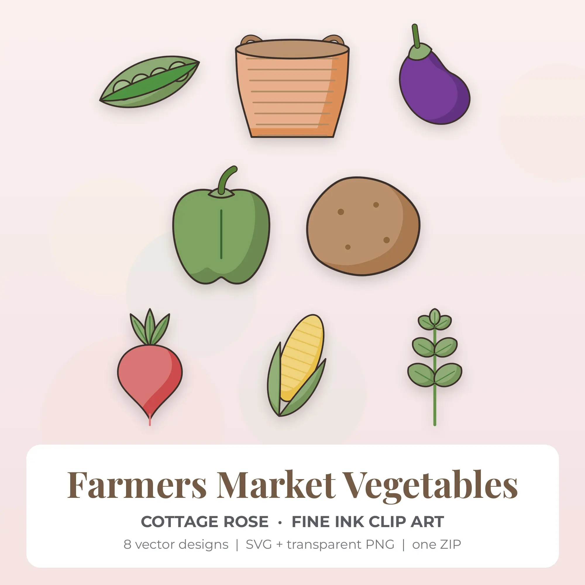 Cottage Rose Farmers Market Vegetables Clip Art Set - 8 Vector SVG PNG preview