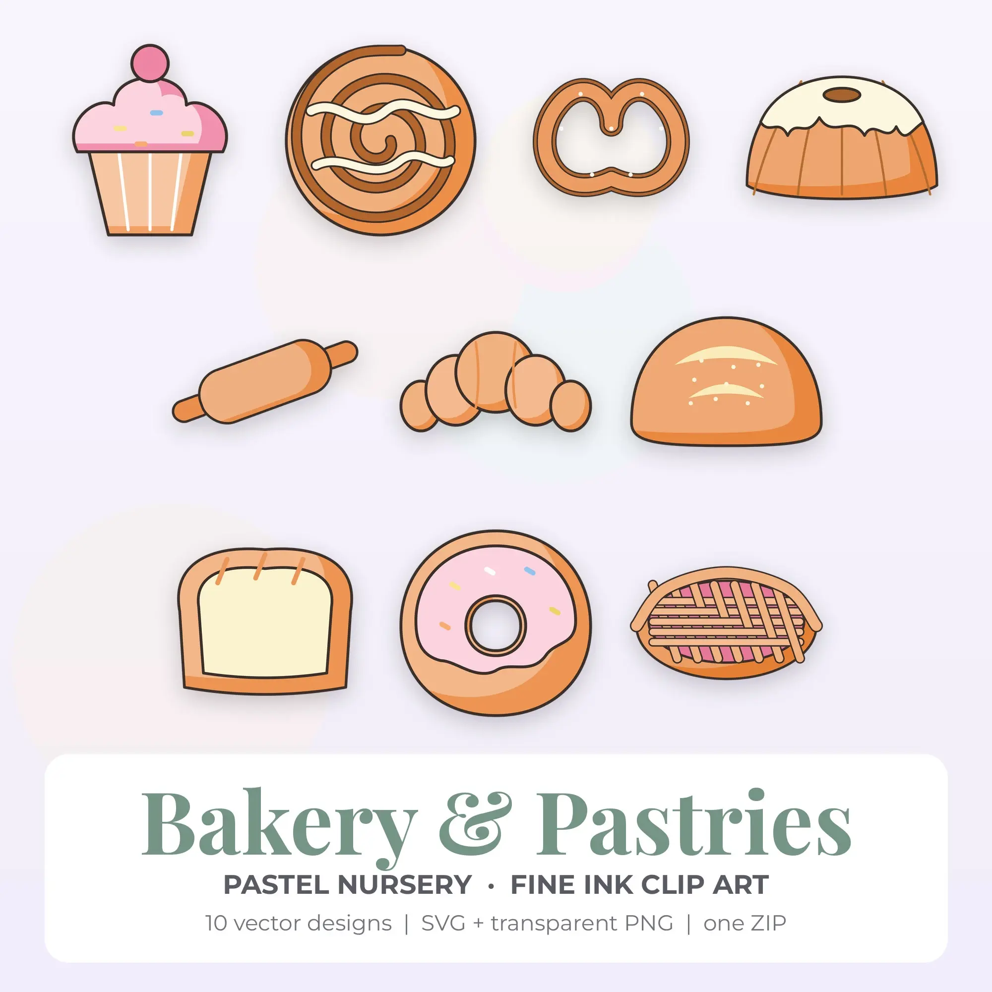 Bakery & Pastries Clipart, Pastel Nursery Fine Ink - 10 SVG PNG preview