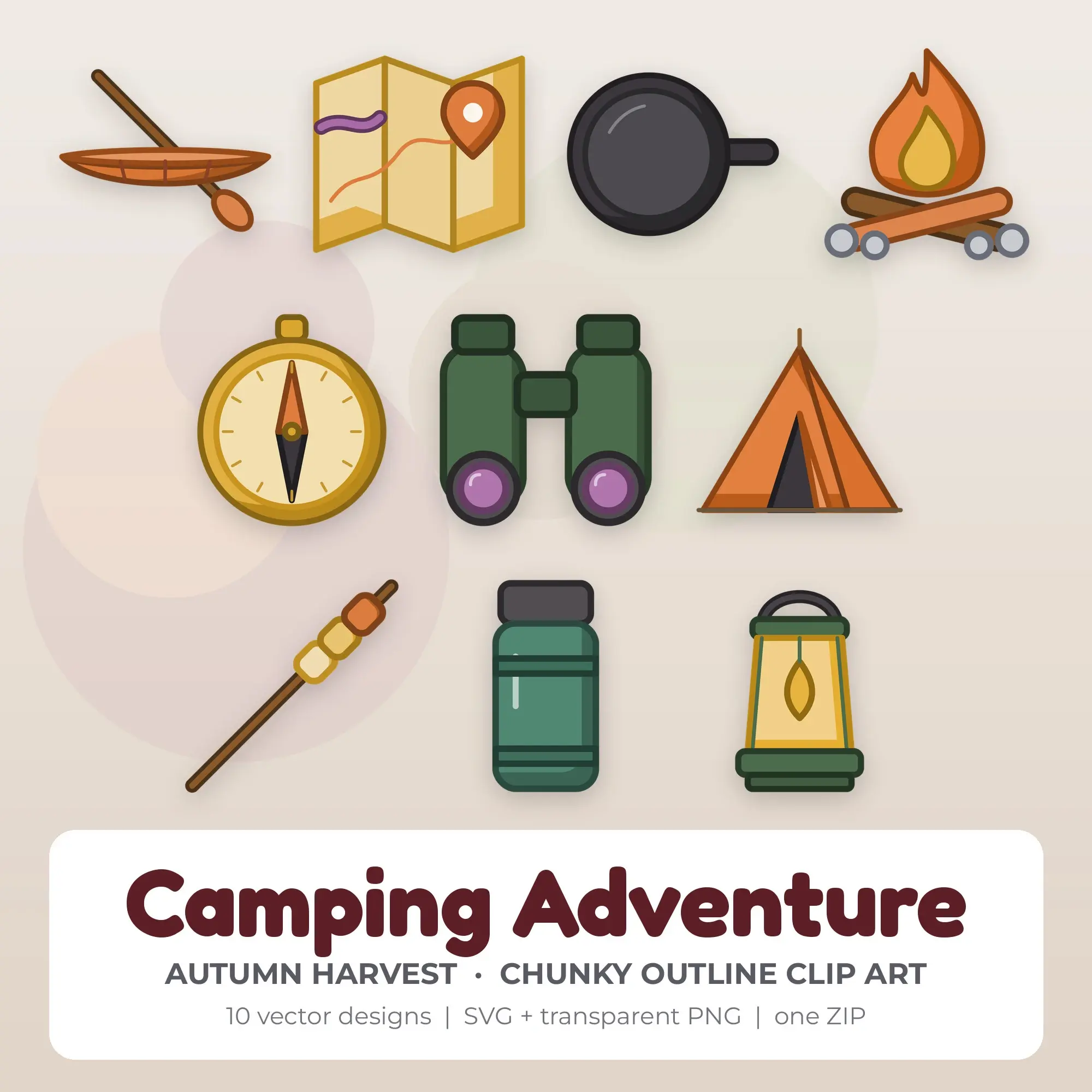 10 Chunky Outline Camping Adventure Clipart Illustrations, SVG PNG preview