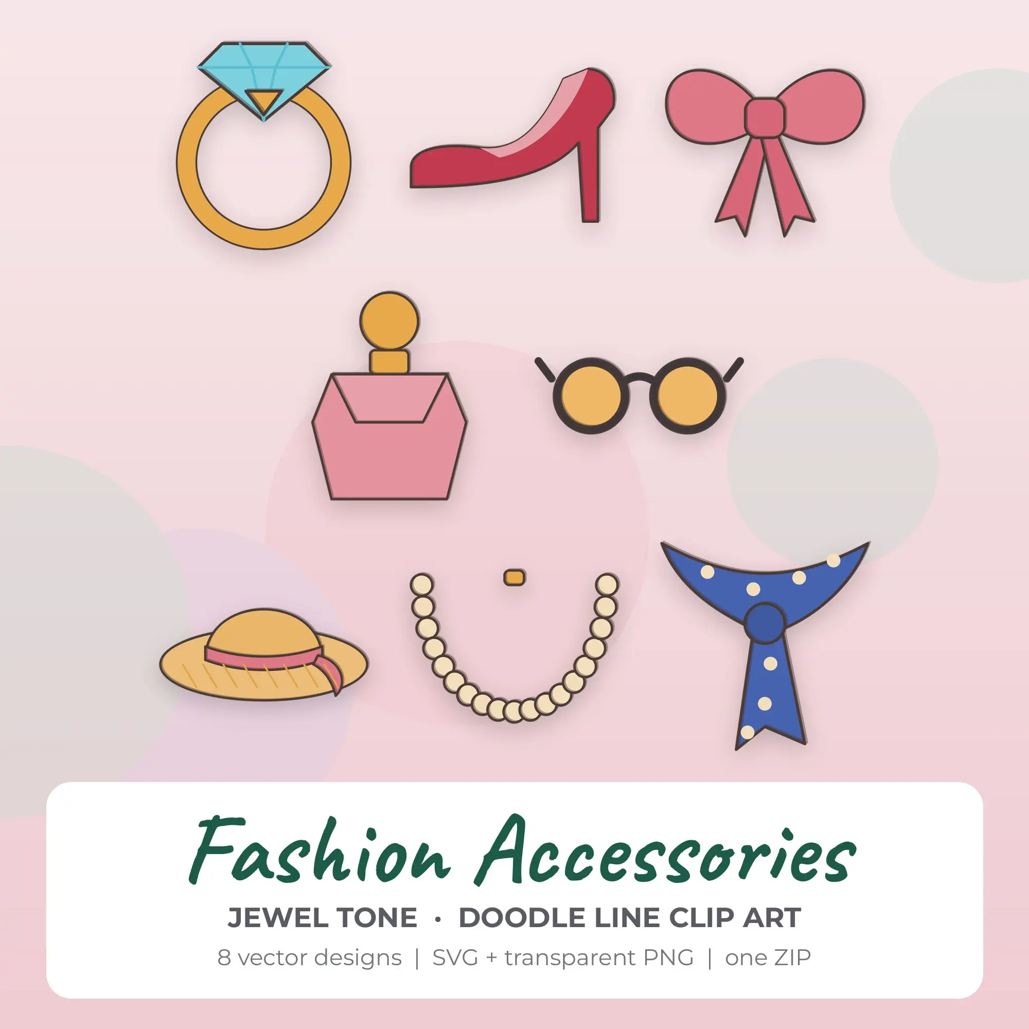 Doodle Line Fashion Accessories Clipart Bundle, Jewel Tone - 8 PNG SVG preview