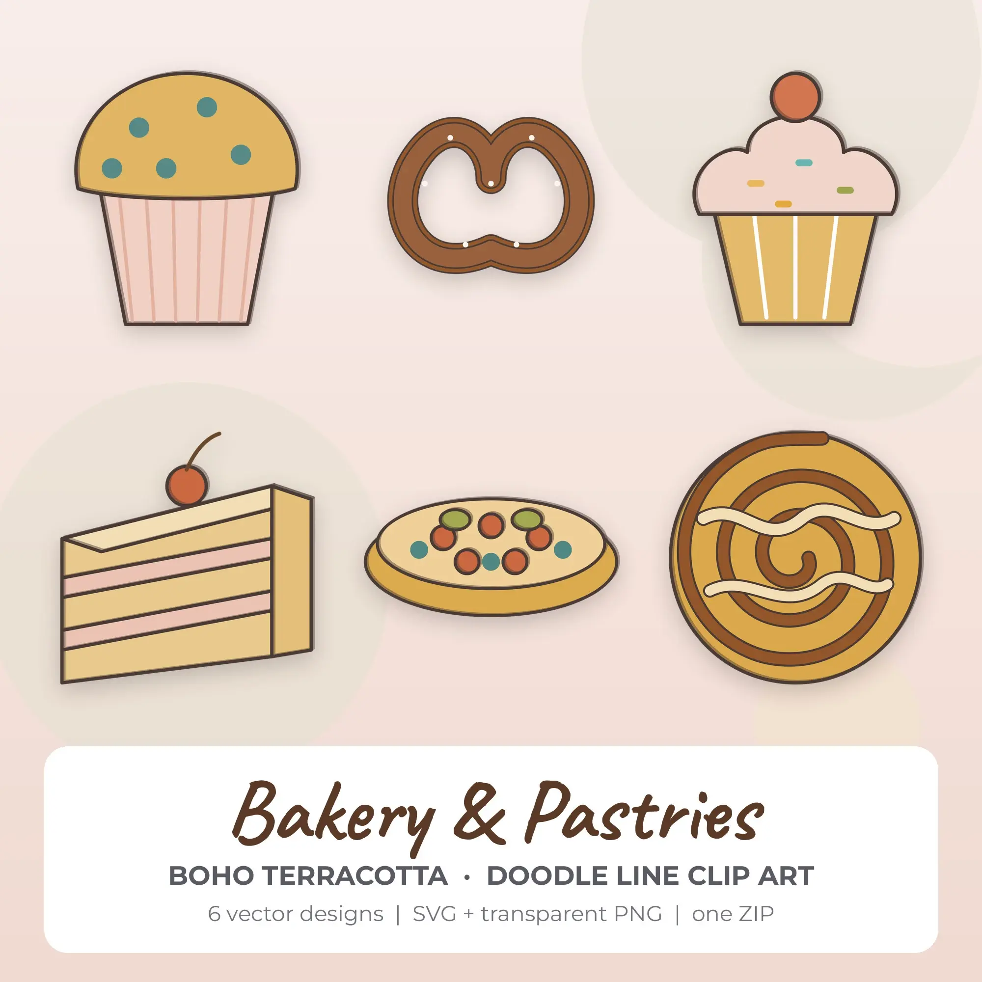 Bakery & Pastries SVG Clipart Pack, Doodle Line Style - 6 Designs preview