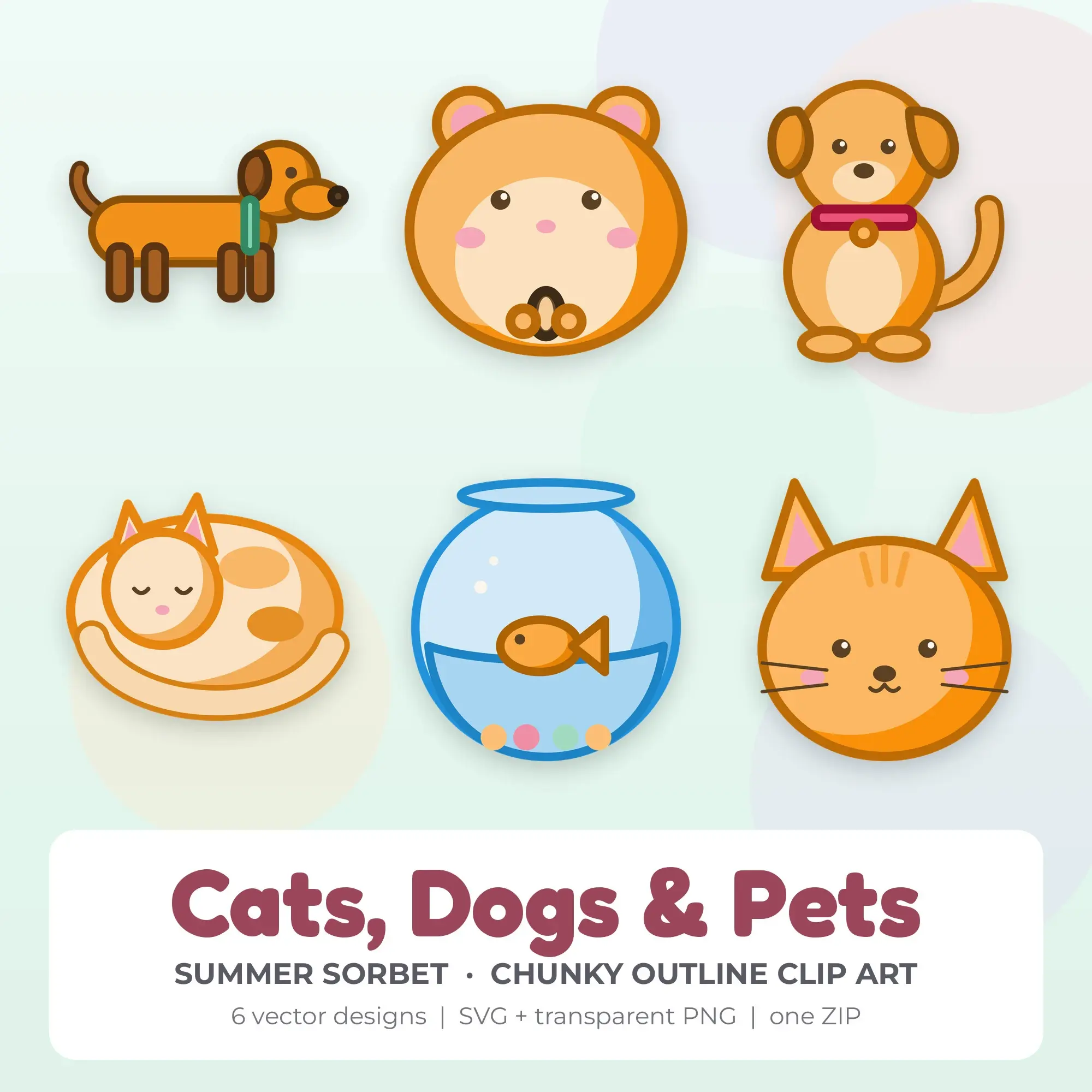Summer Sorbet Cats, Dogs & Pets Clip Art Set - 6 Vector SVG PNG preview