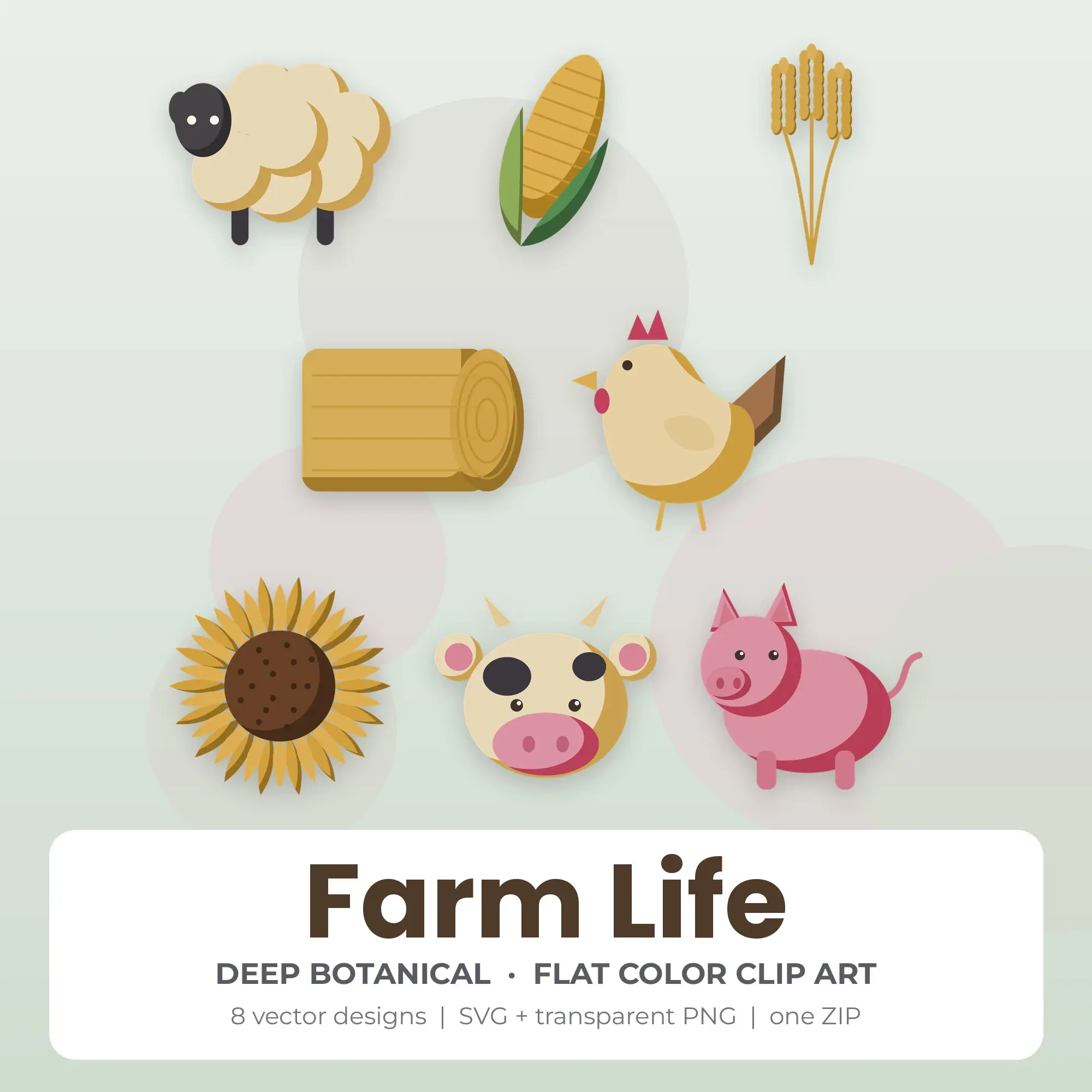 Deep Botanical Flat Color Farm Life Clipart - 8 Vector Files preview