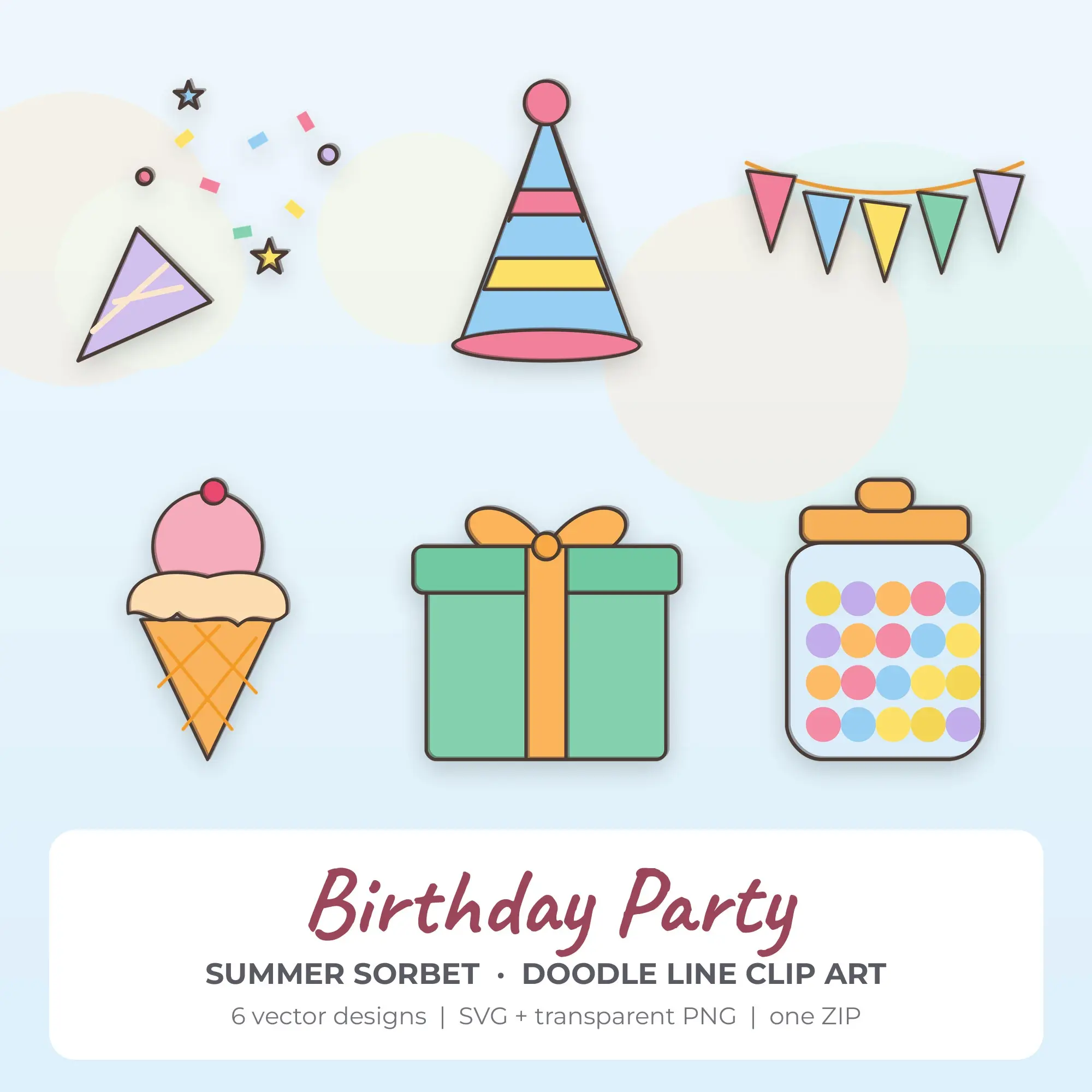 Summer Sorbet Doodle Line Birthday Party Clipart - 6 Vector Files preview
