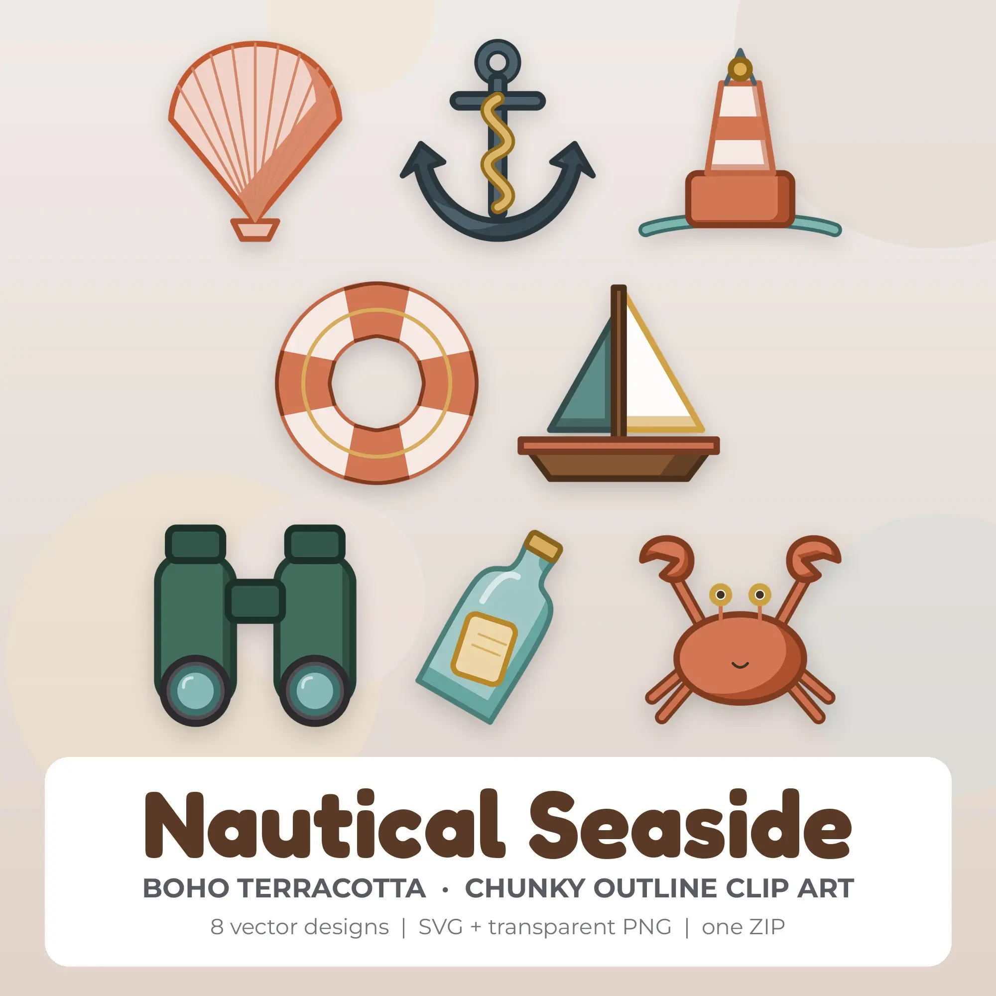 Nautical Seaside Clipart, Boho Terracotta Chunky Outline - 8 SVG PNG preview