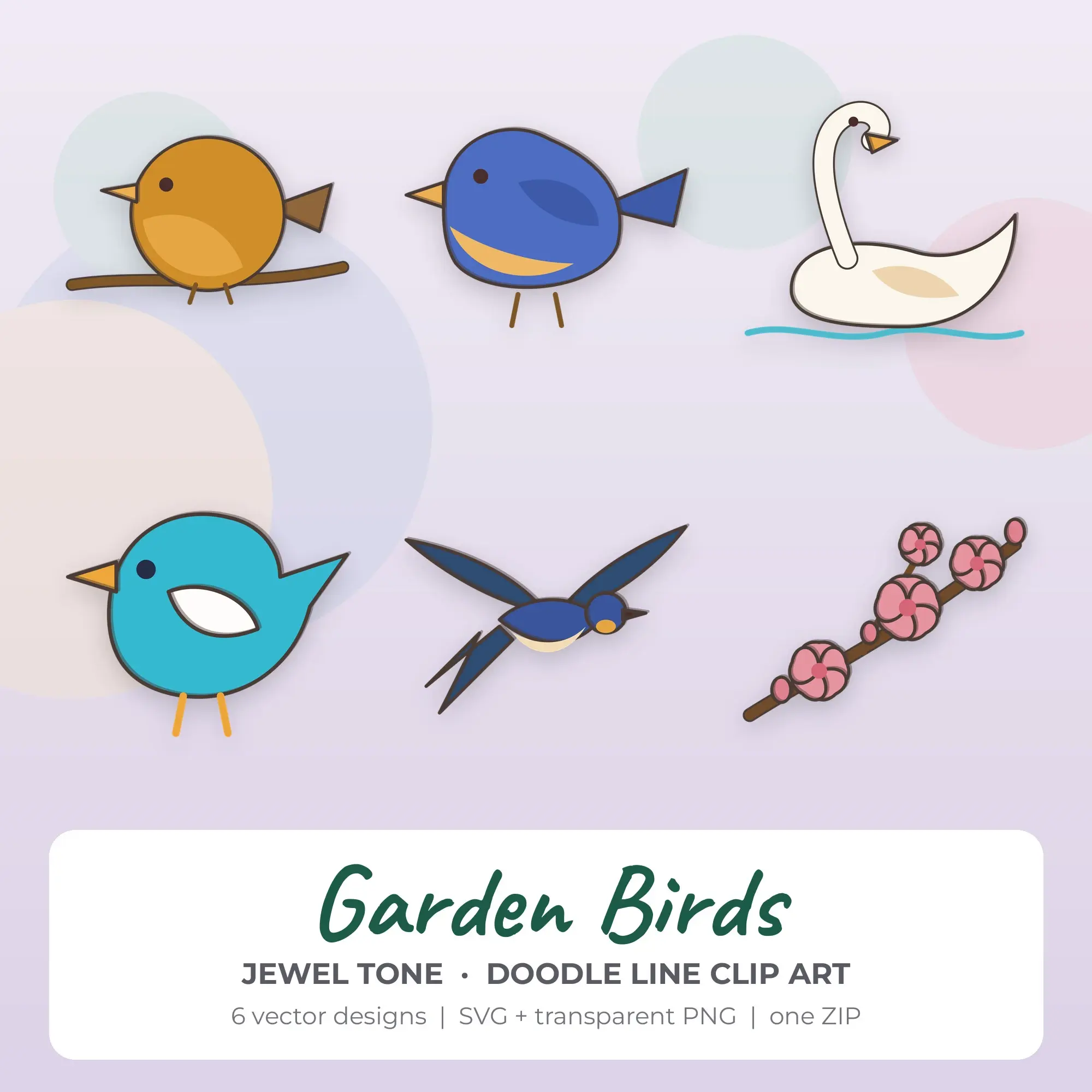 Garden Birds Vector Clip Art in Jewel Tone - 6 Designs preview