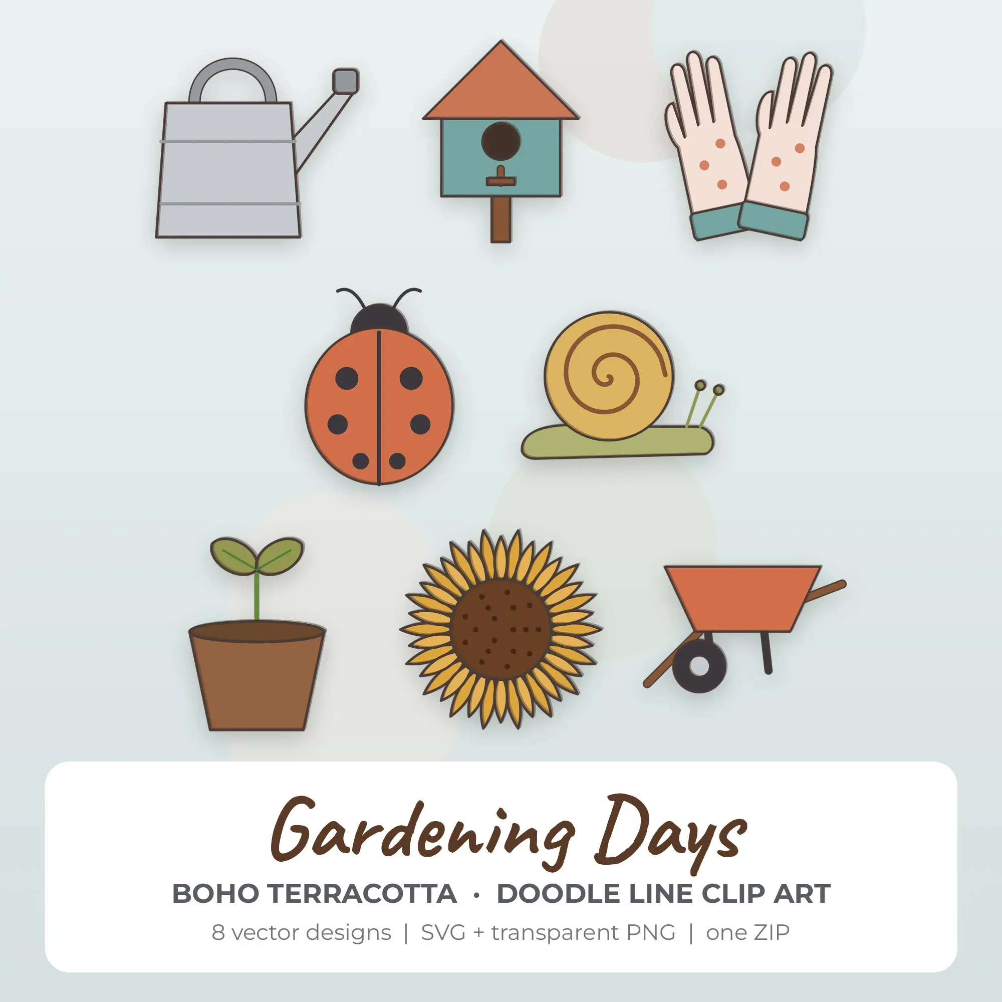 Gardening Days Clipart, Boho Terracotta Doodle Line - 8 SVG PNG preview