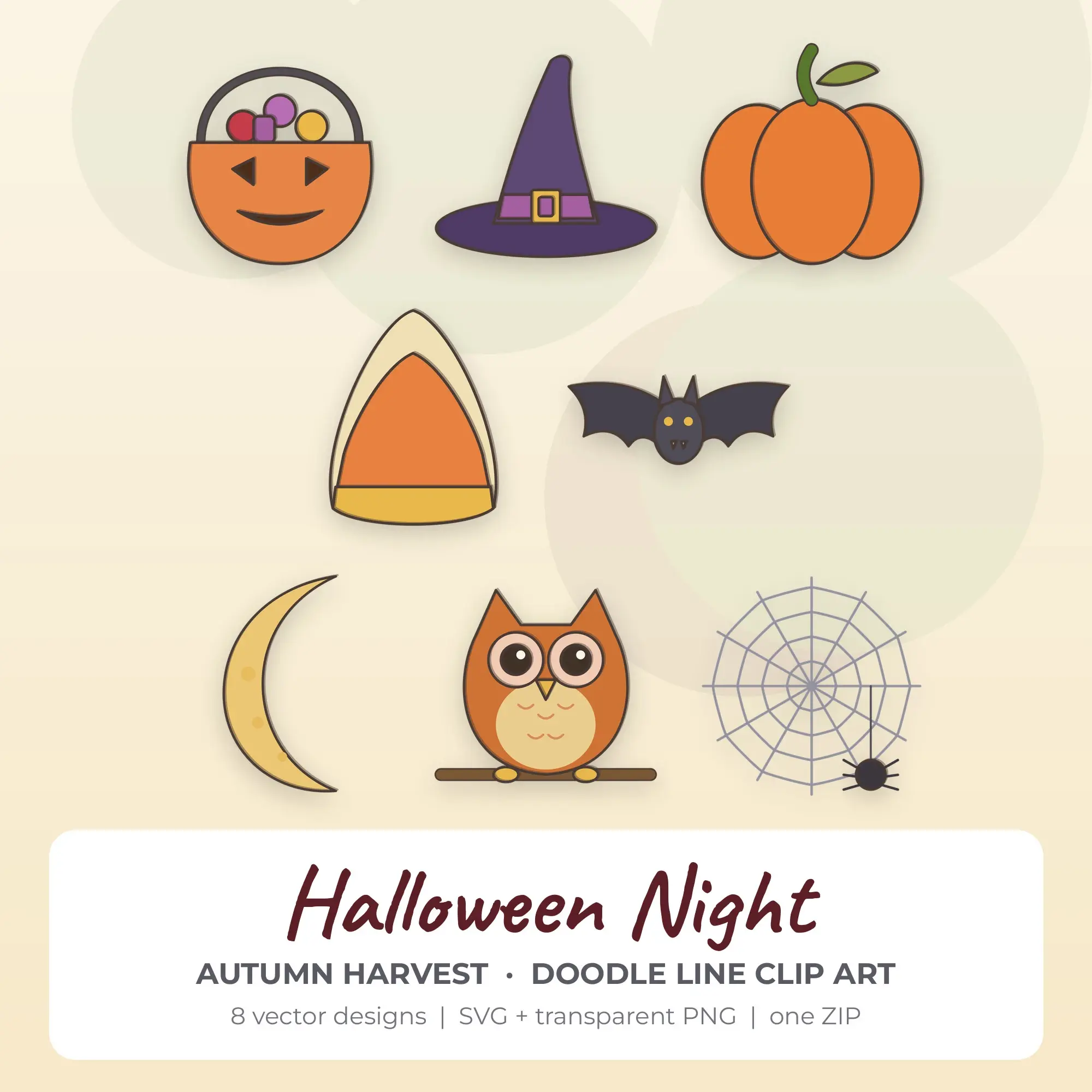 Doodle Line Halloween Night Clipart Bundle, Autumn Harvest - 8 PNG SVG preview