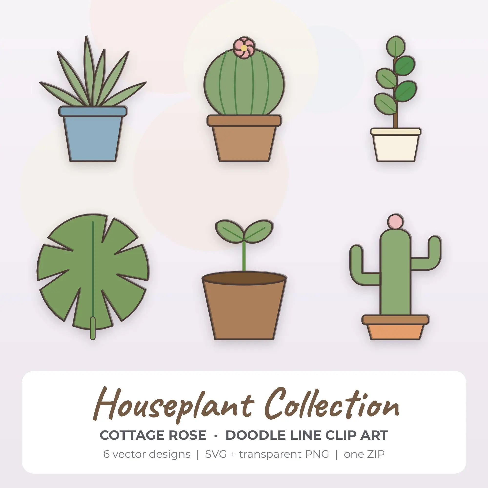 Houseplant Collection Clipart, Cottage Rose Doodle Line - 6 SVG PNG preview
