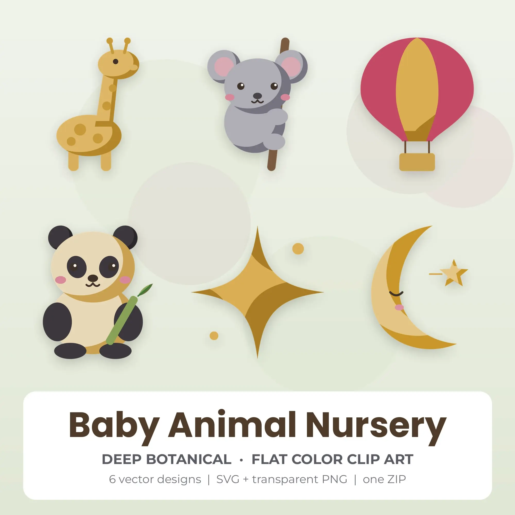 Deep Botanical Flat Color Baby Animal Nursery Clipart - 6 Vector Files preview