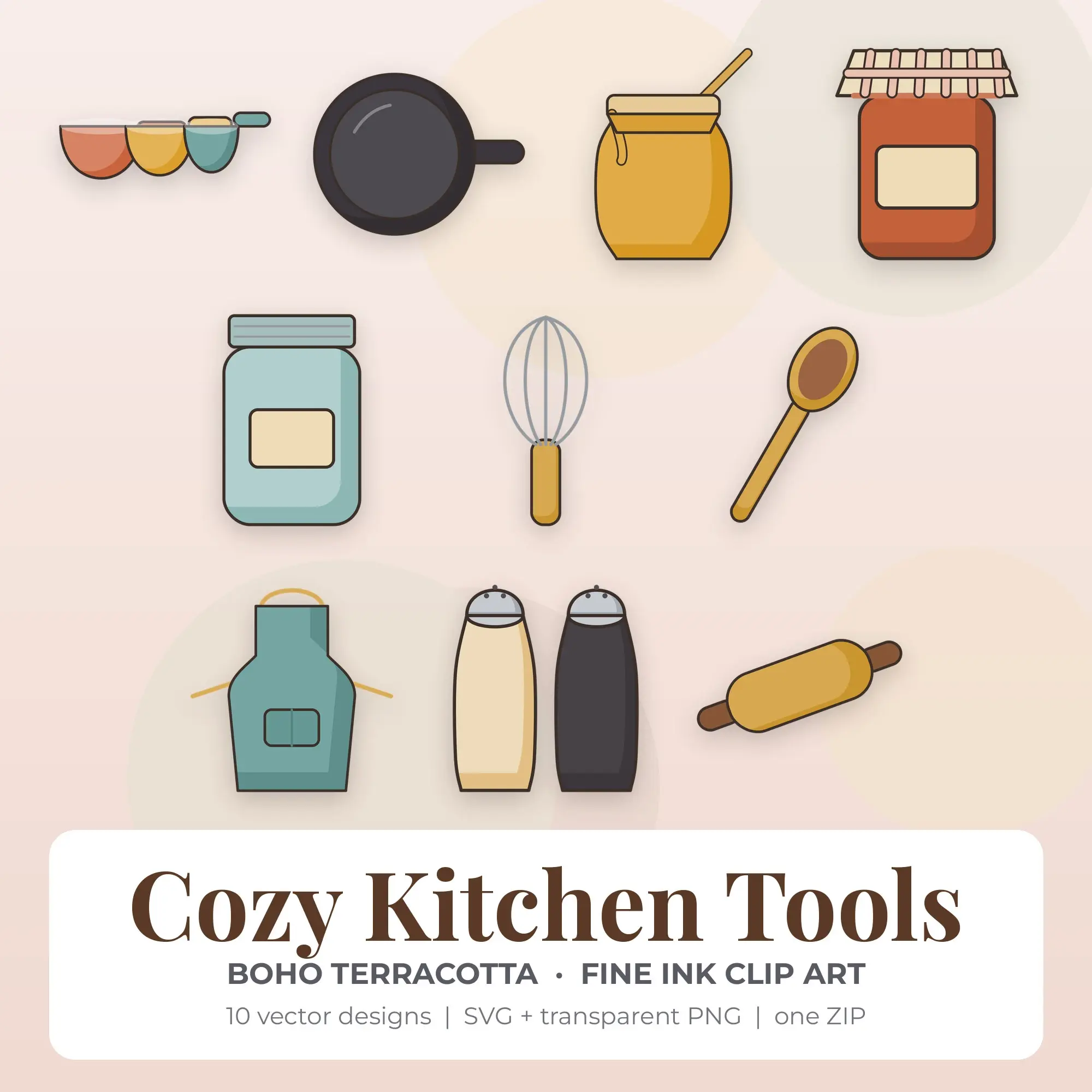 Cozy Kitchen Tools Vector Clip Art in Boho Terracotta - 10 Designs preview
