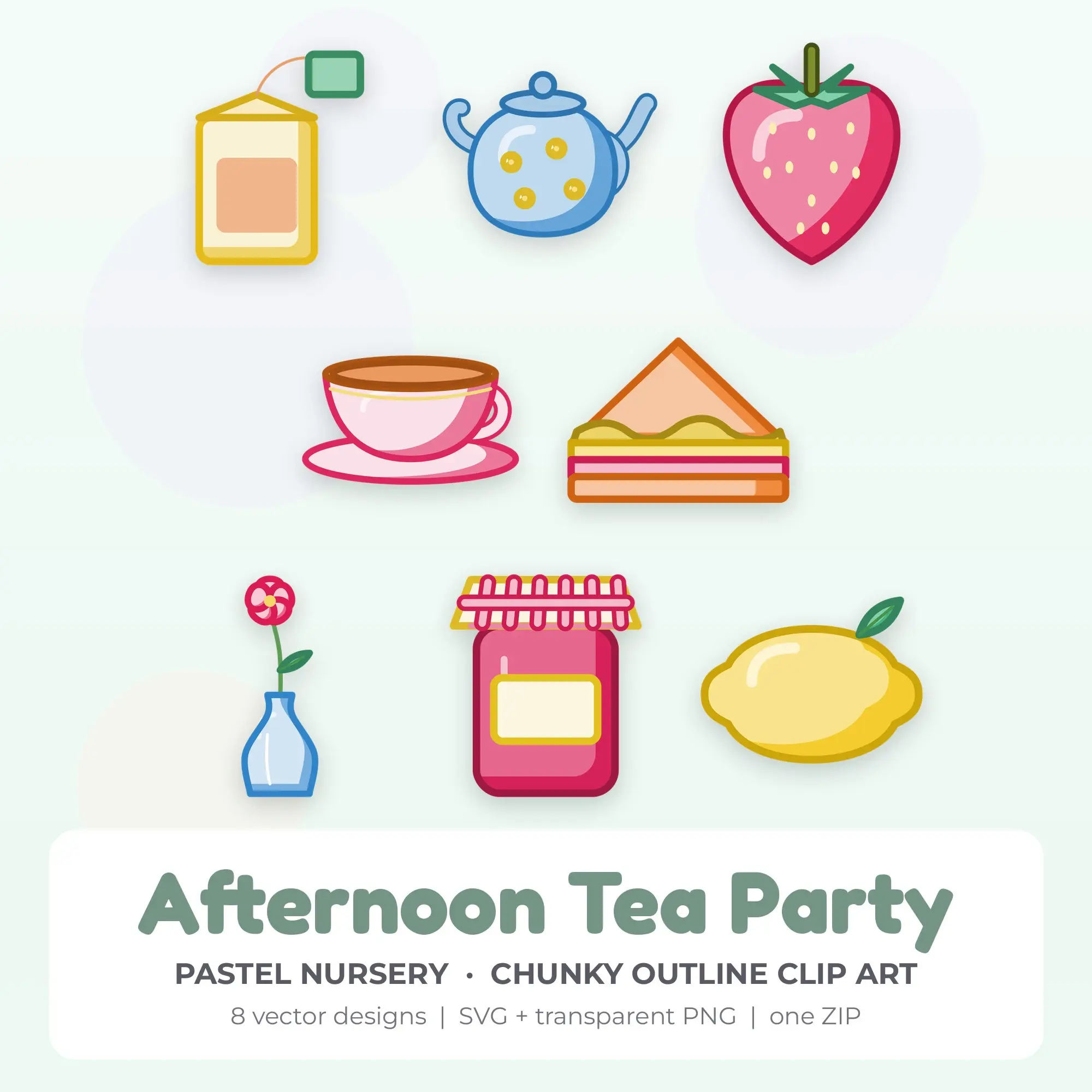 Afternoon Tea Party SVG Clipart Pack, Chunky Outline Style - 8 Designs preview