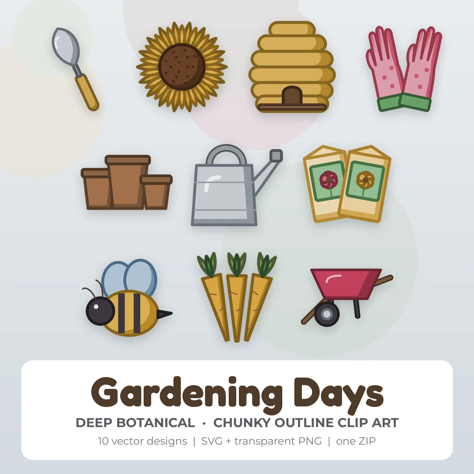 Gardening Days SVG Clipart Pack, Chunky Outline Style - 10 Designs preview