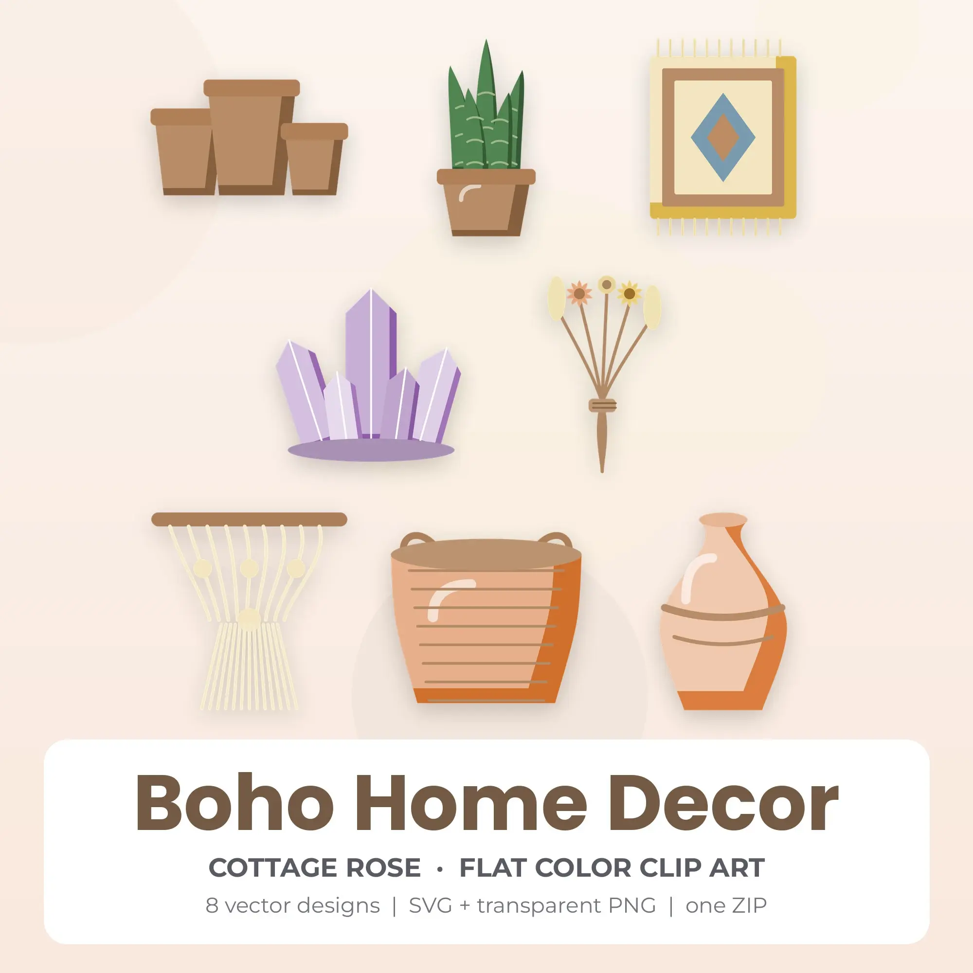 8 Flat Color Boho Home Decor Clipart Illustrations, SVG PNG preview