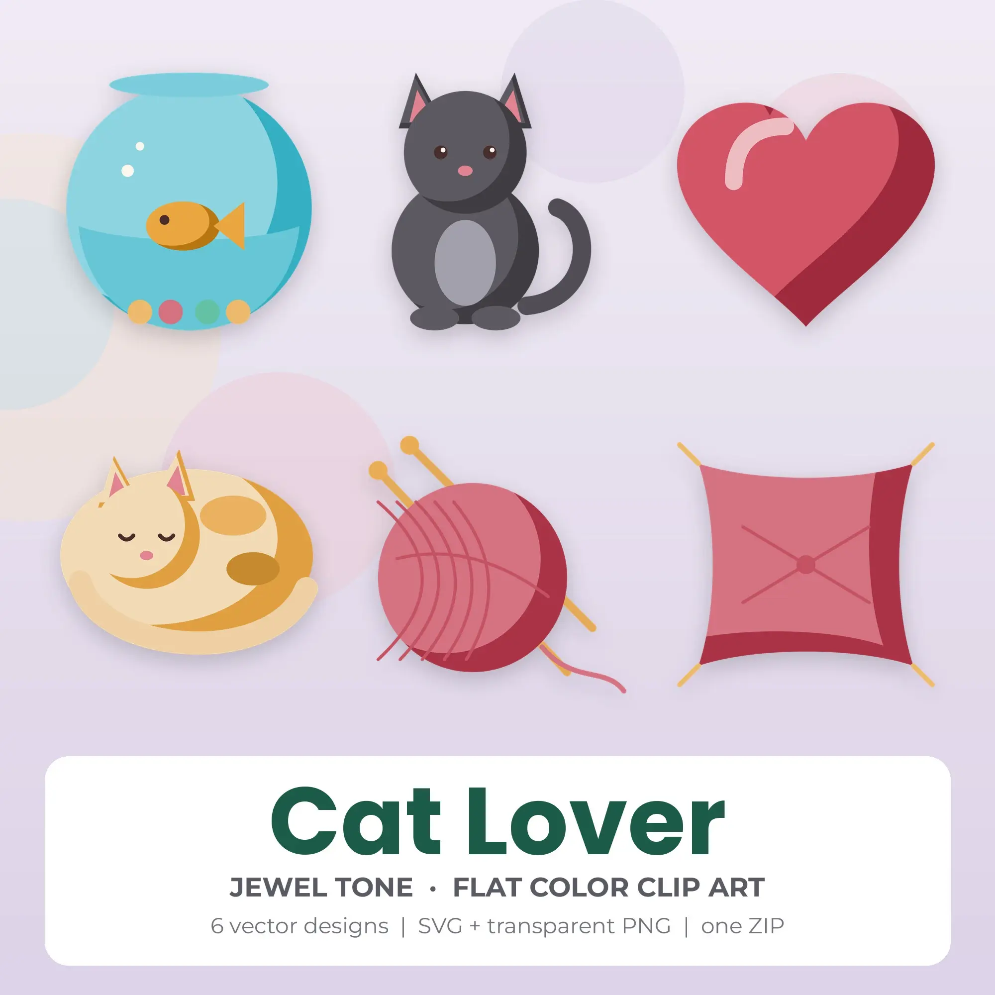Cat Lover Vector Clip Art in Jewel Tone - 6 Designs preview