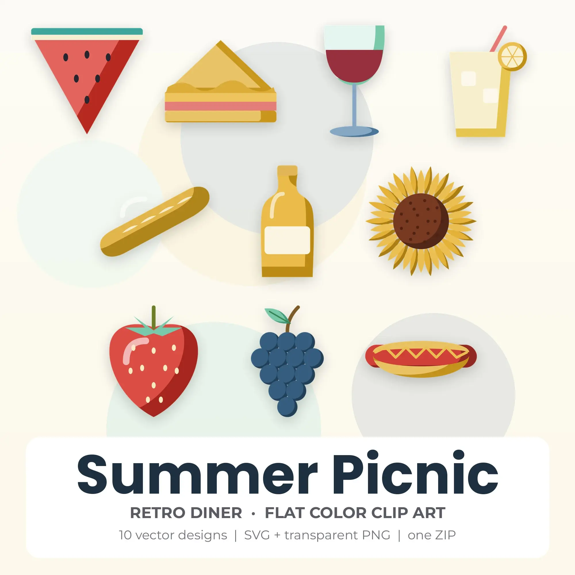 Retro Diner Flat Color Summer Picnic Clipart - 10 Vector Files preview