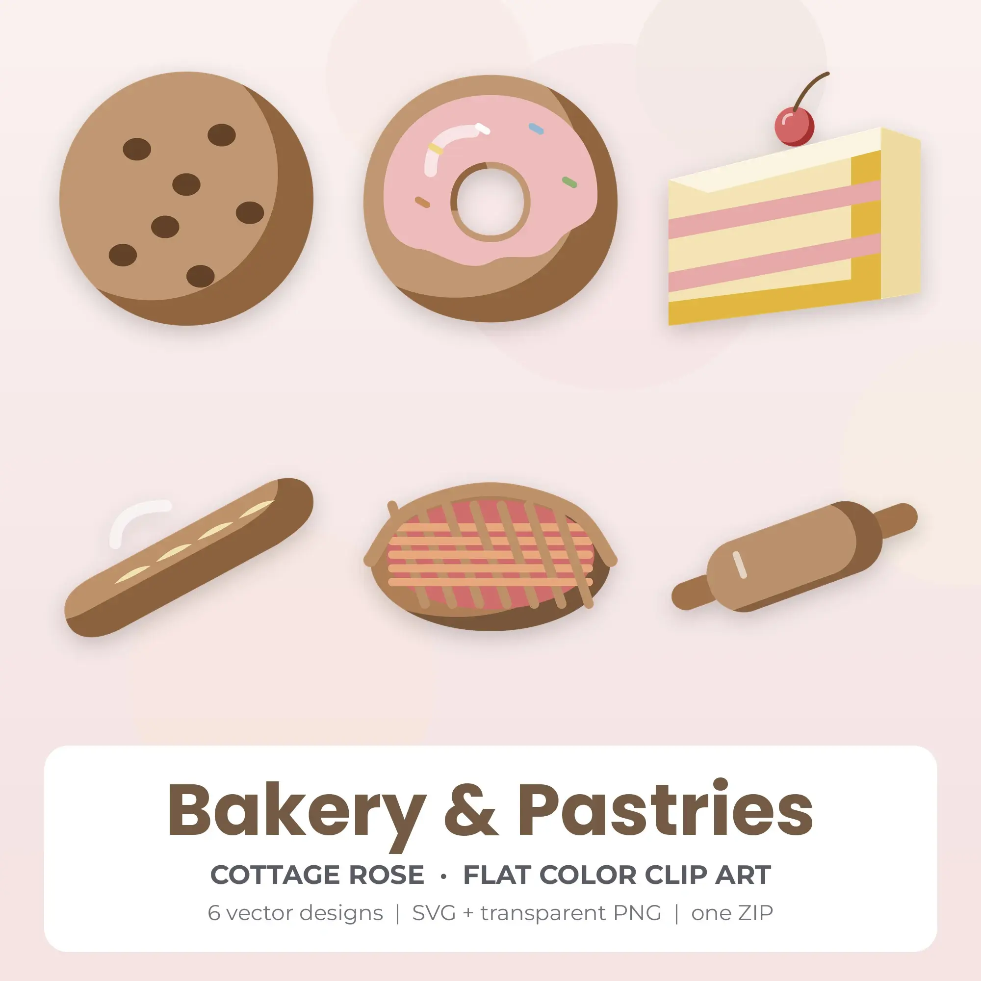 Bakery & Pastries SVG Clipart Pack, Flat Color Style - 6 Designs preview