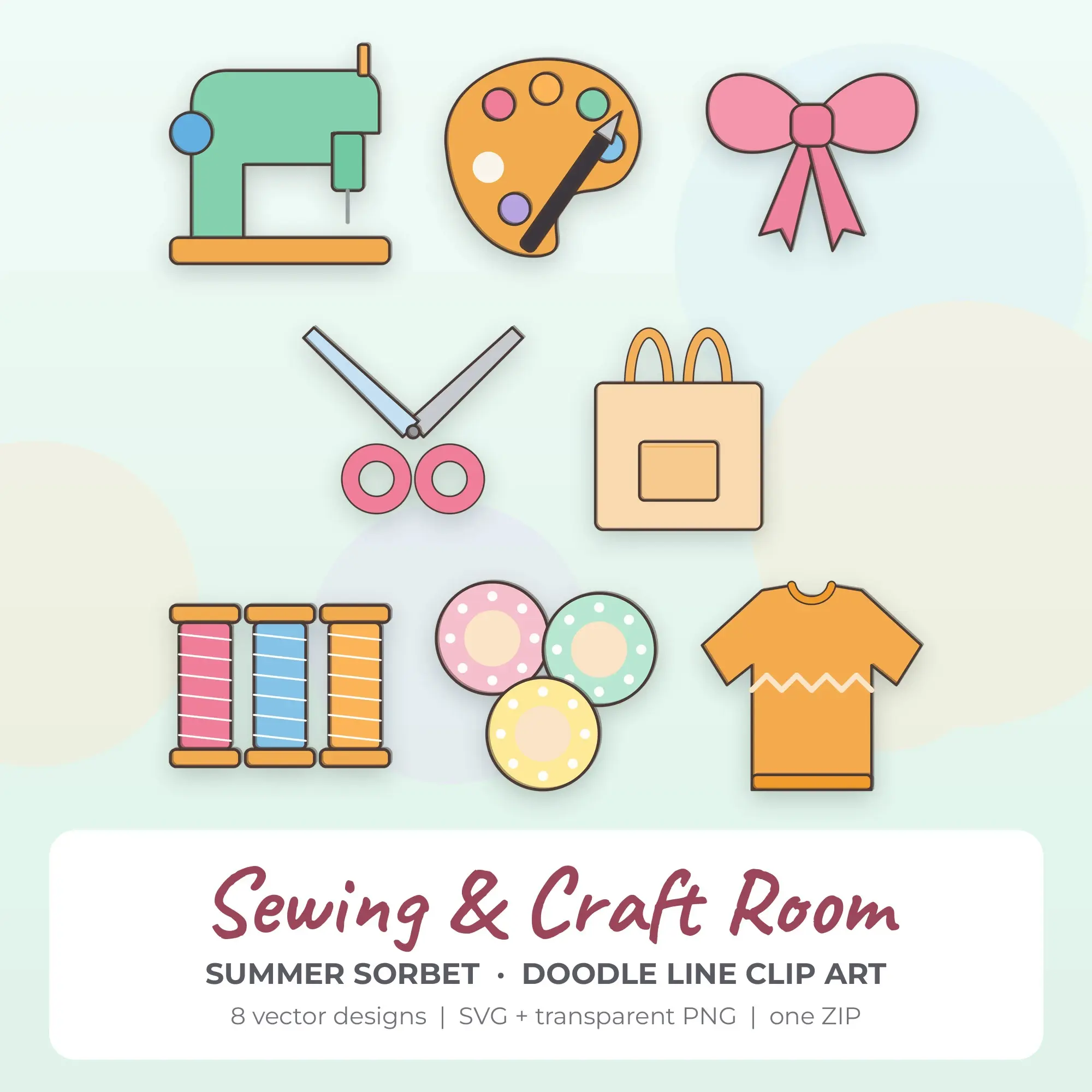 8 Doodle Line Sewing & Craft Room Clipart Illustrations, SVG PNG, preview 1 of 2