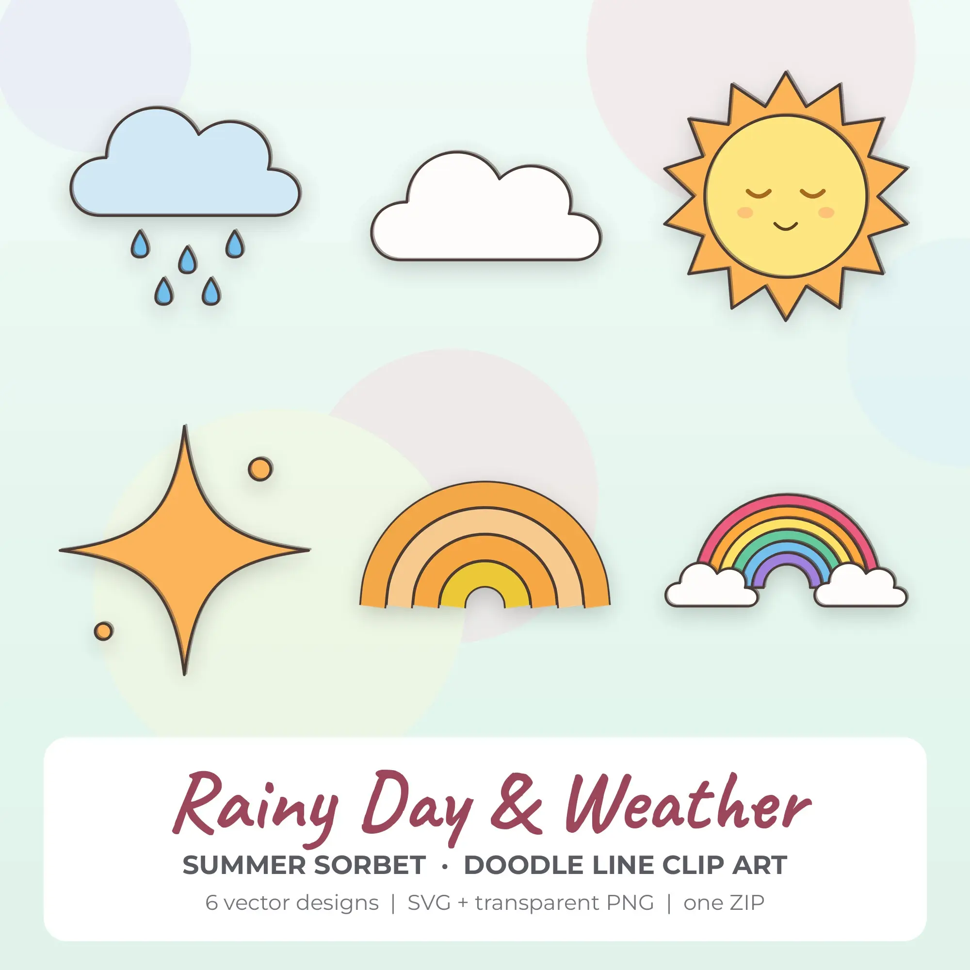 Rainy Day & Weather Clipart, Summer Sorbet Doodle Line - 6 SVG PNG preview