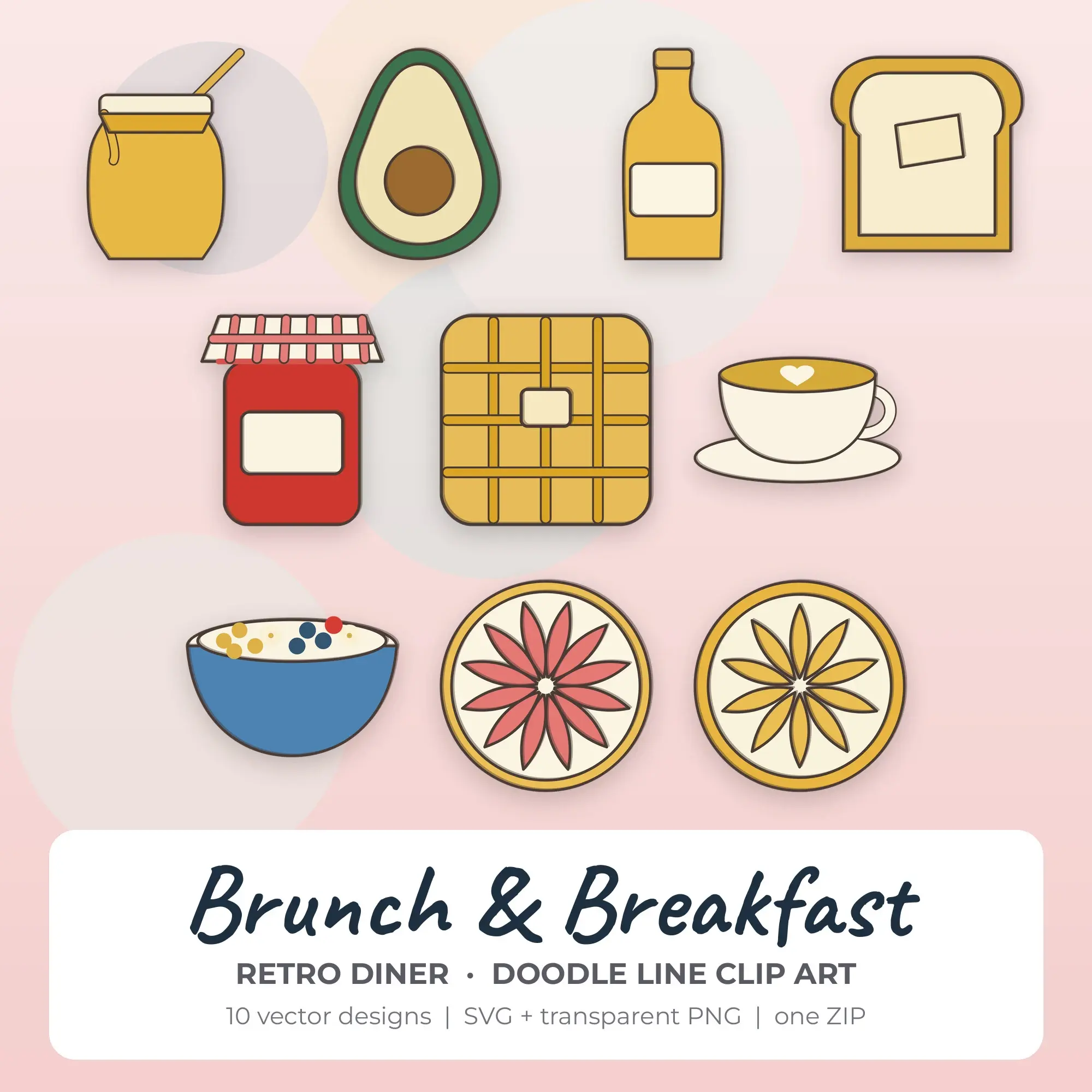 Retro Diner Doodle Line Brunch & Breakfast Clipart - 10 Vector Files preview