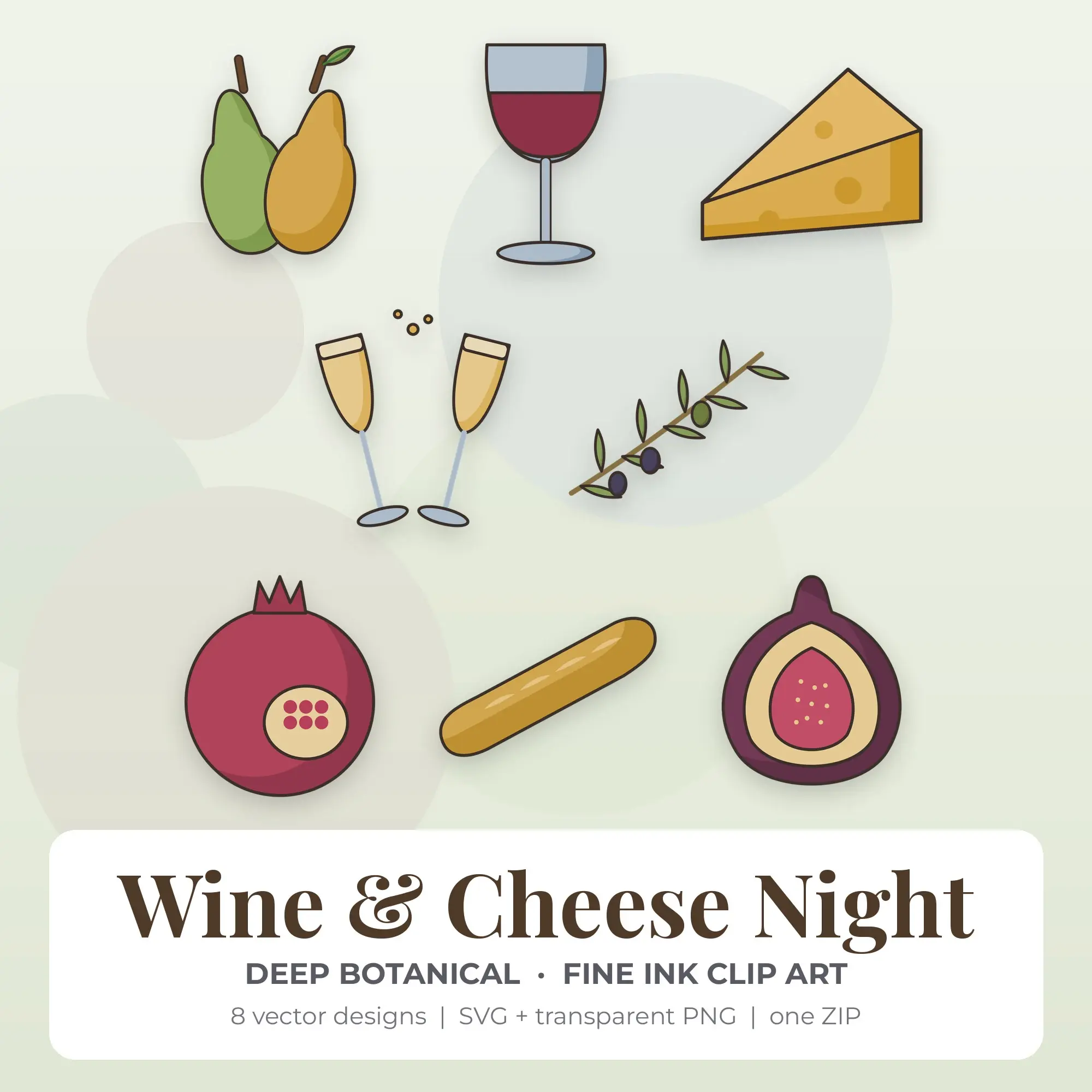 Wine & Cheese Night Vector Clip Art in Deep Botanical - 8 Designs preview