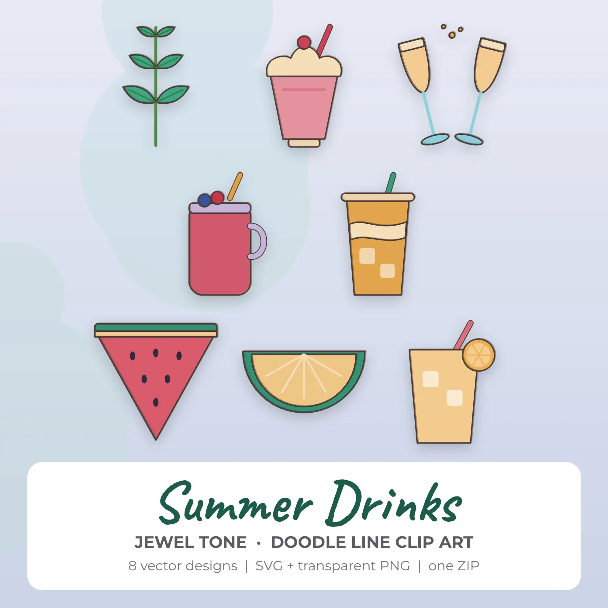 Jewel Tone Doodle Line Summer Drinks Clipart - 8 Vector Files preview