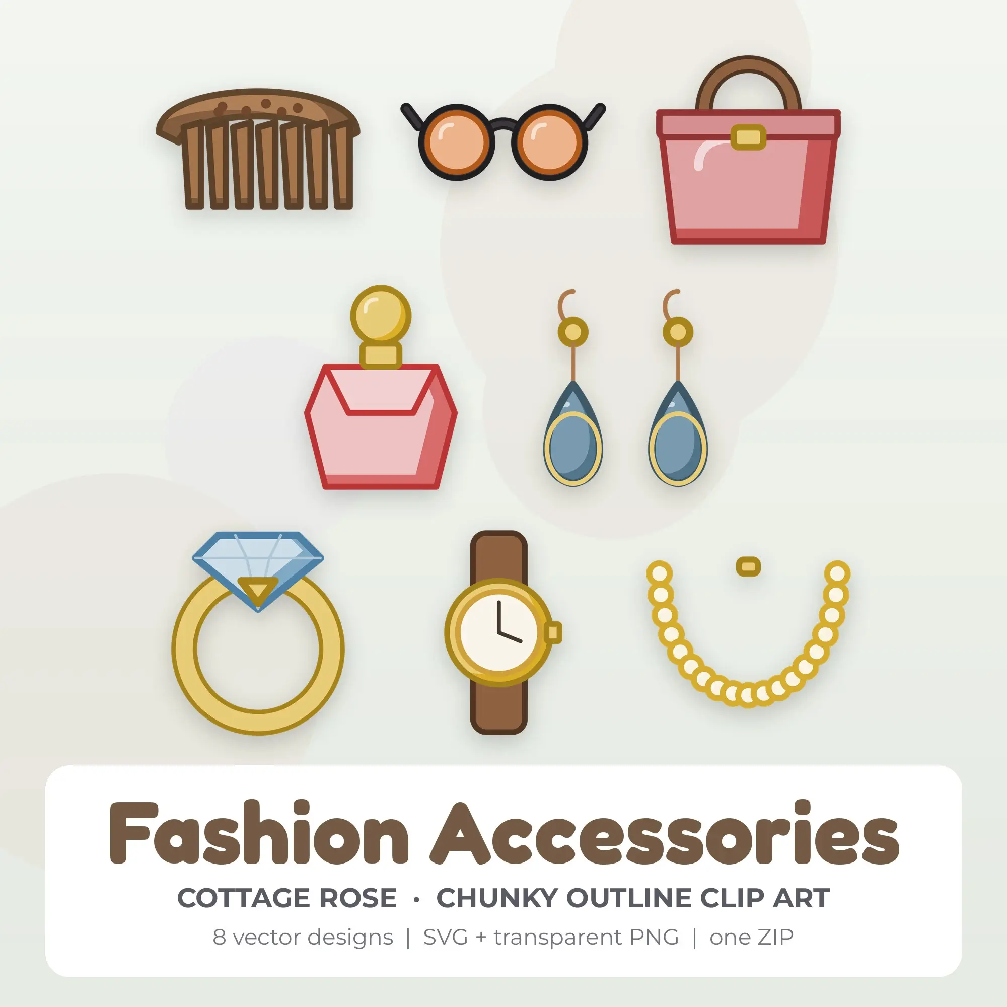 Fashion Accessories SVG Clipart Pack, Chunky Outline Style - 8 Designs preview