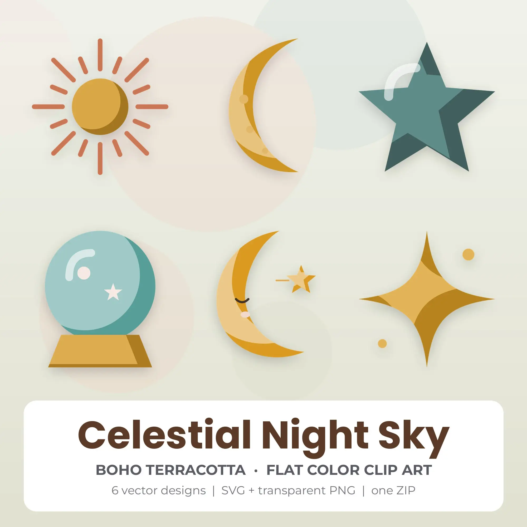 6 Flat Color Celestial Night Sky Clipart Illustrations, SVG PNG preview