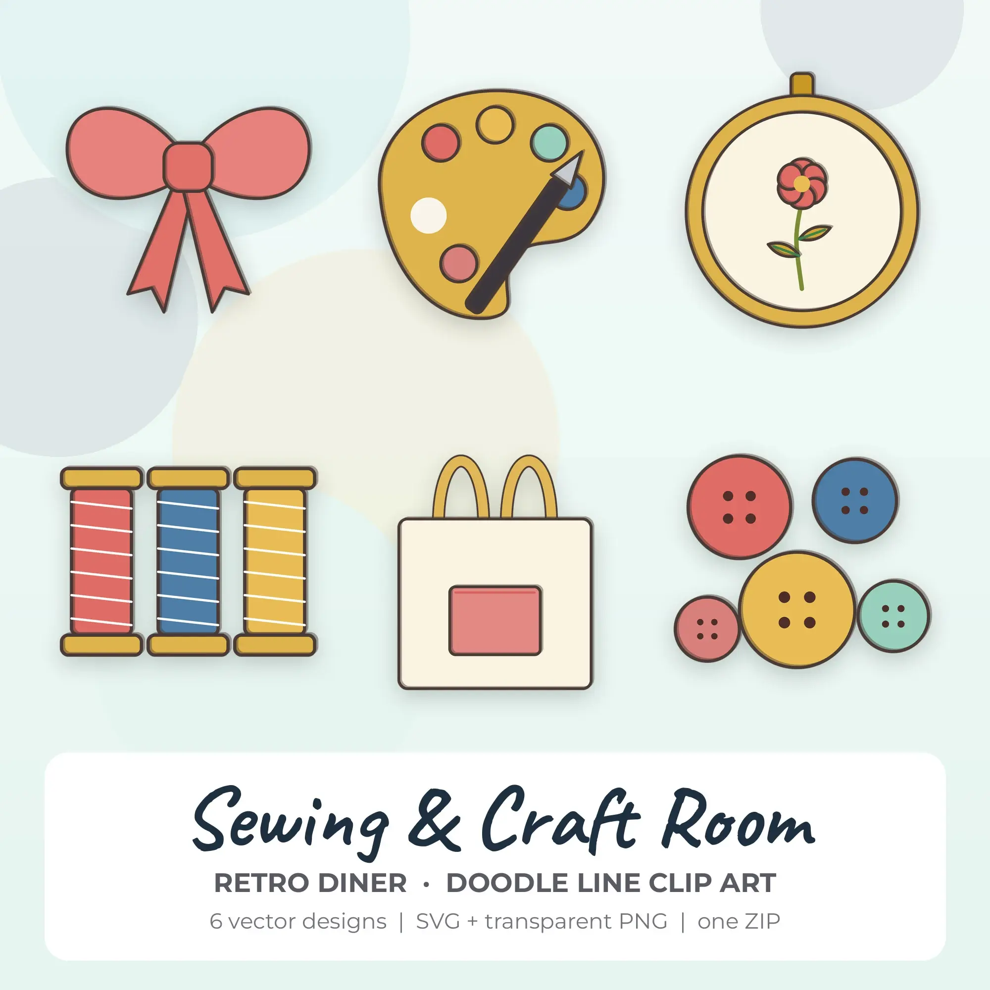 Retro Diner Doodle Line Sewing & Craft Room Clipart - 6 Vector Files preview