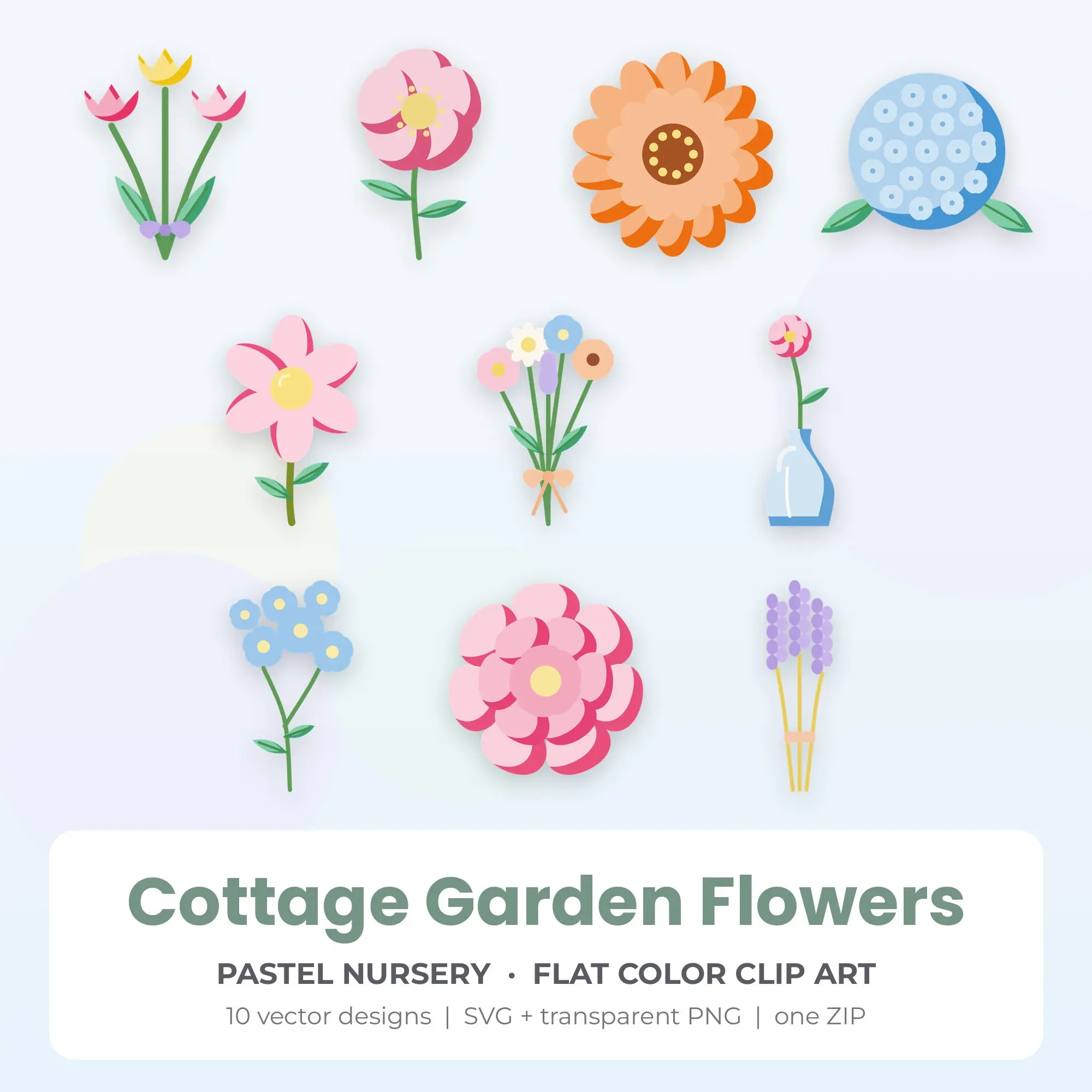 10 Flat Color Cottage Garden Flowers Clipart Illustrations, SVG PNG preview
