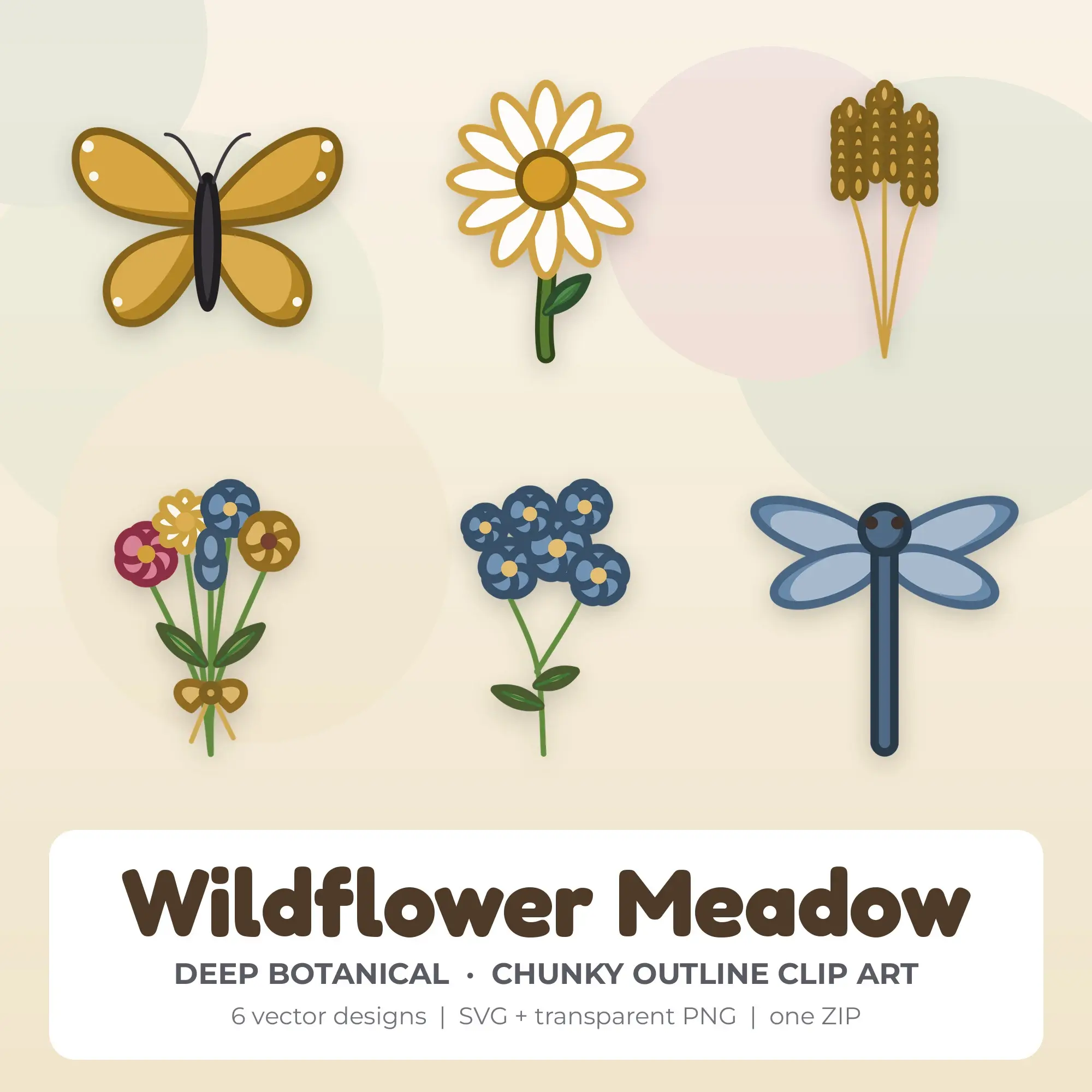 Wildflower Meadow SVG Clipart Pack, Chunky Outline Style - 6 Designs preview