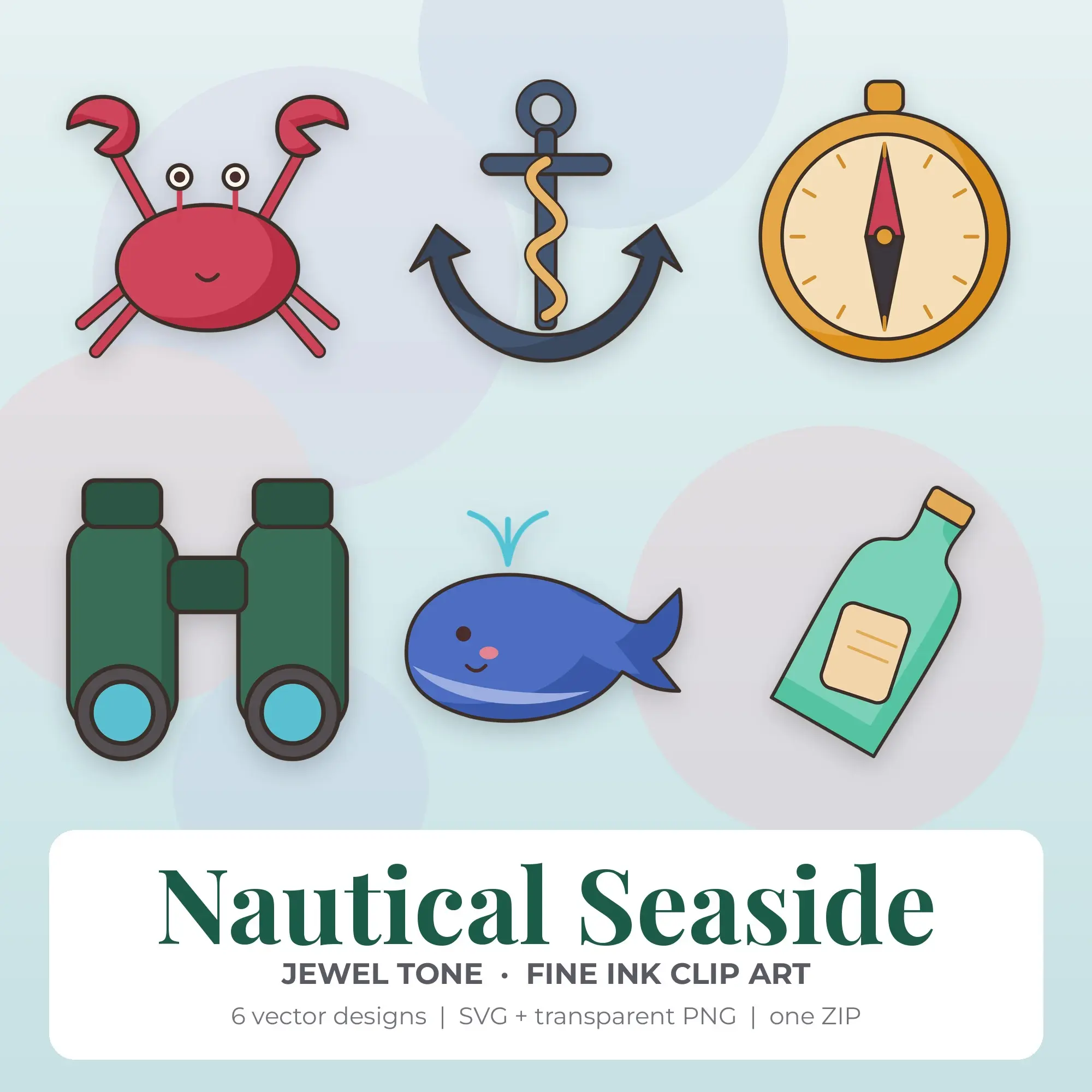 Nautical Seaside Vector Clip Art in Jewel Tone - 6 Designs preview