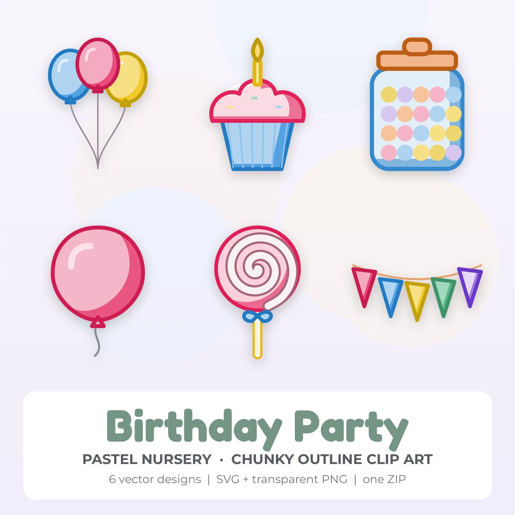 Birthday Party Vector Clip Art in Pastel Nursery - 6 Designs preview