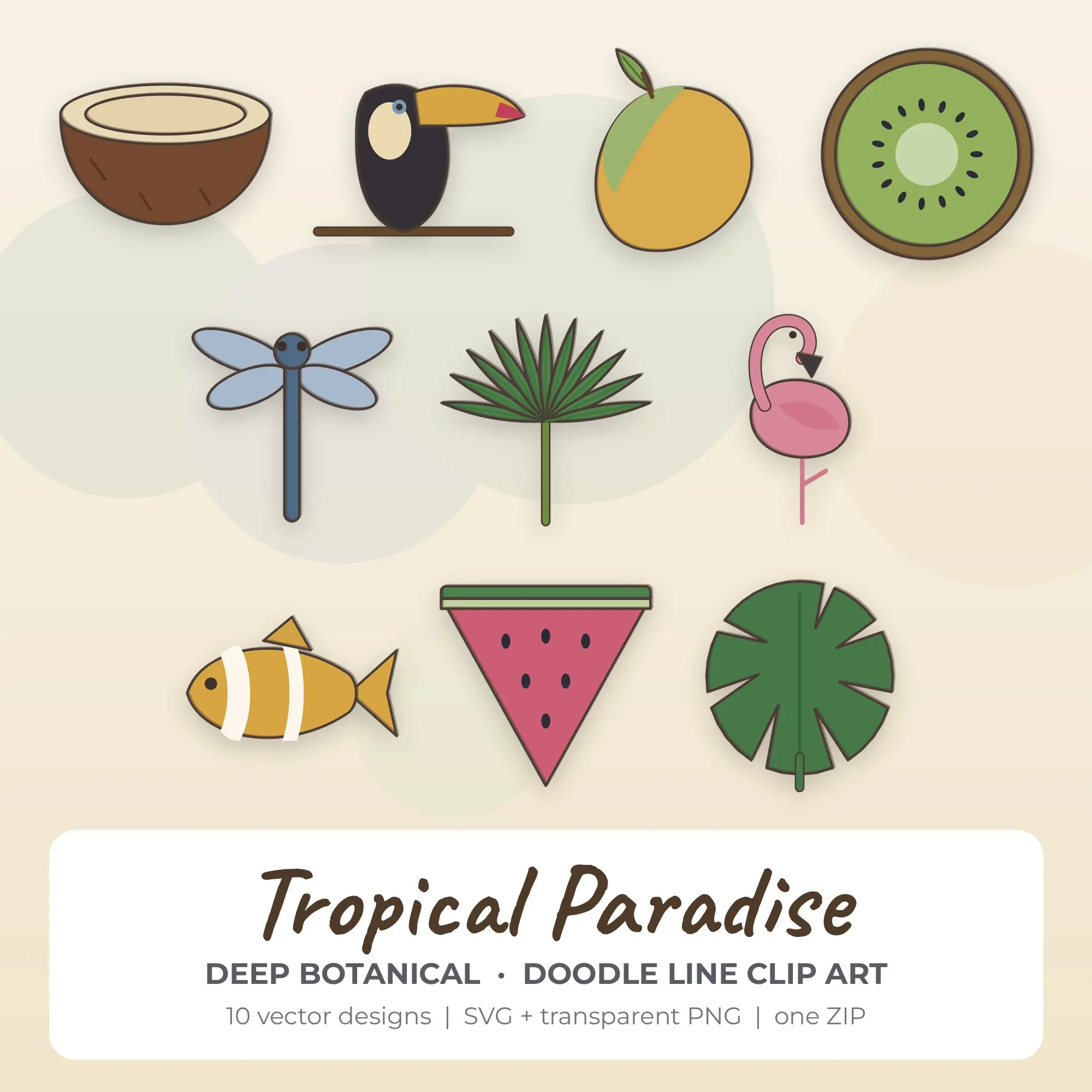 Deep Botanical Doodle Line Tropical Paradise Clipart - 10 Vector Files preview