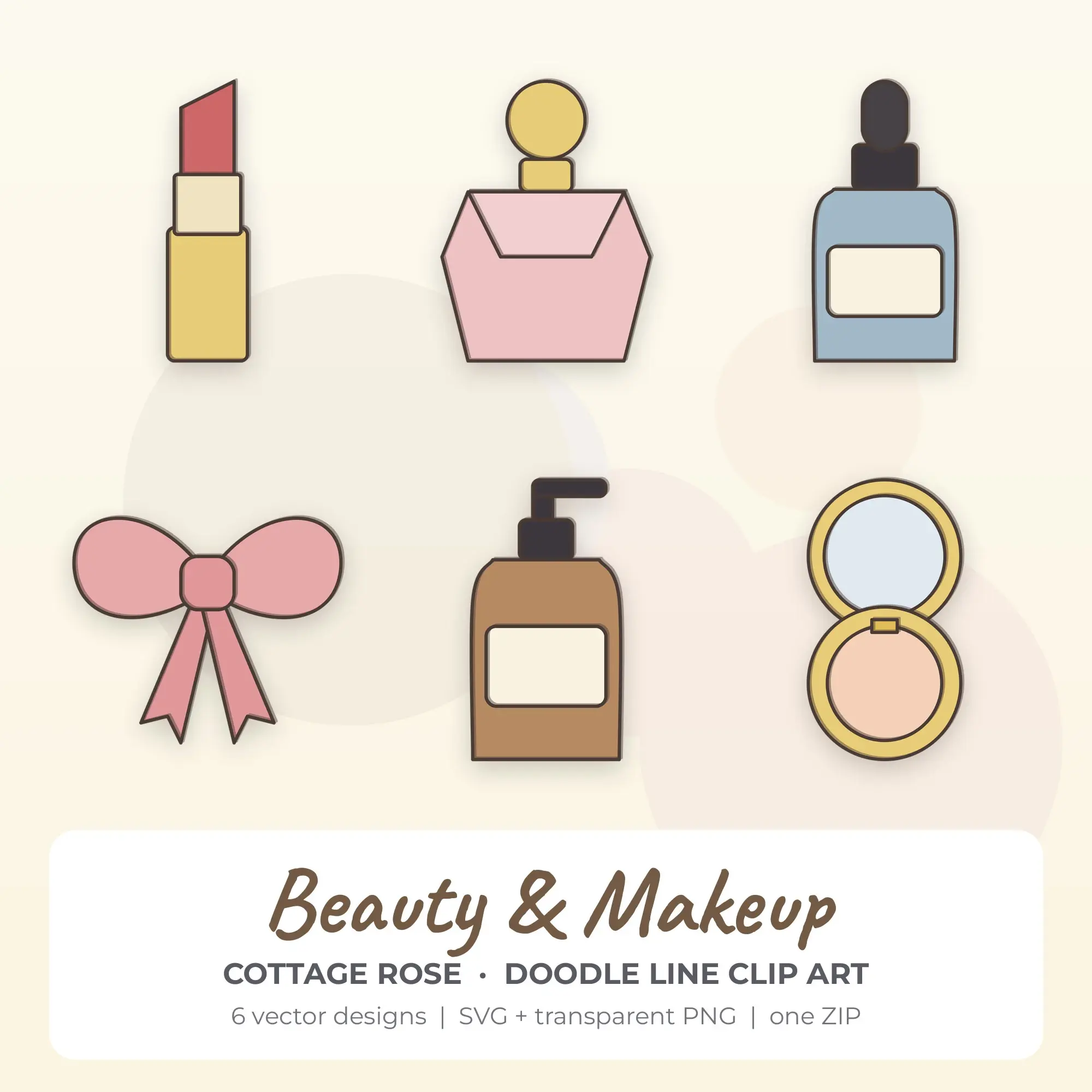Beauty & Makeup Clipart, Cottage Rose Doodle Line - 6 SVG PNG preview