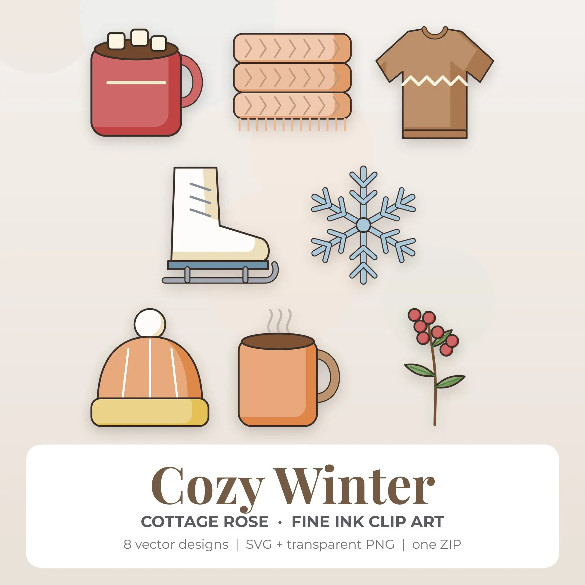 Fine Ink Cozy Winter Clipart Bundle, Cottage Rose - 8 PNG SVG preview