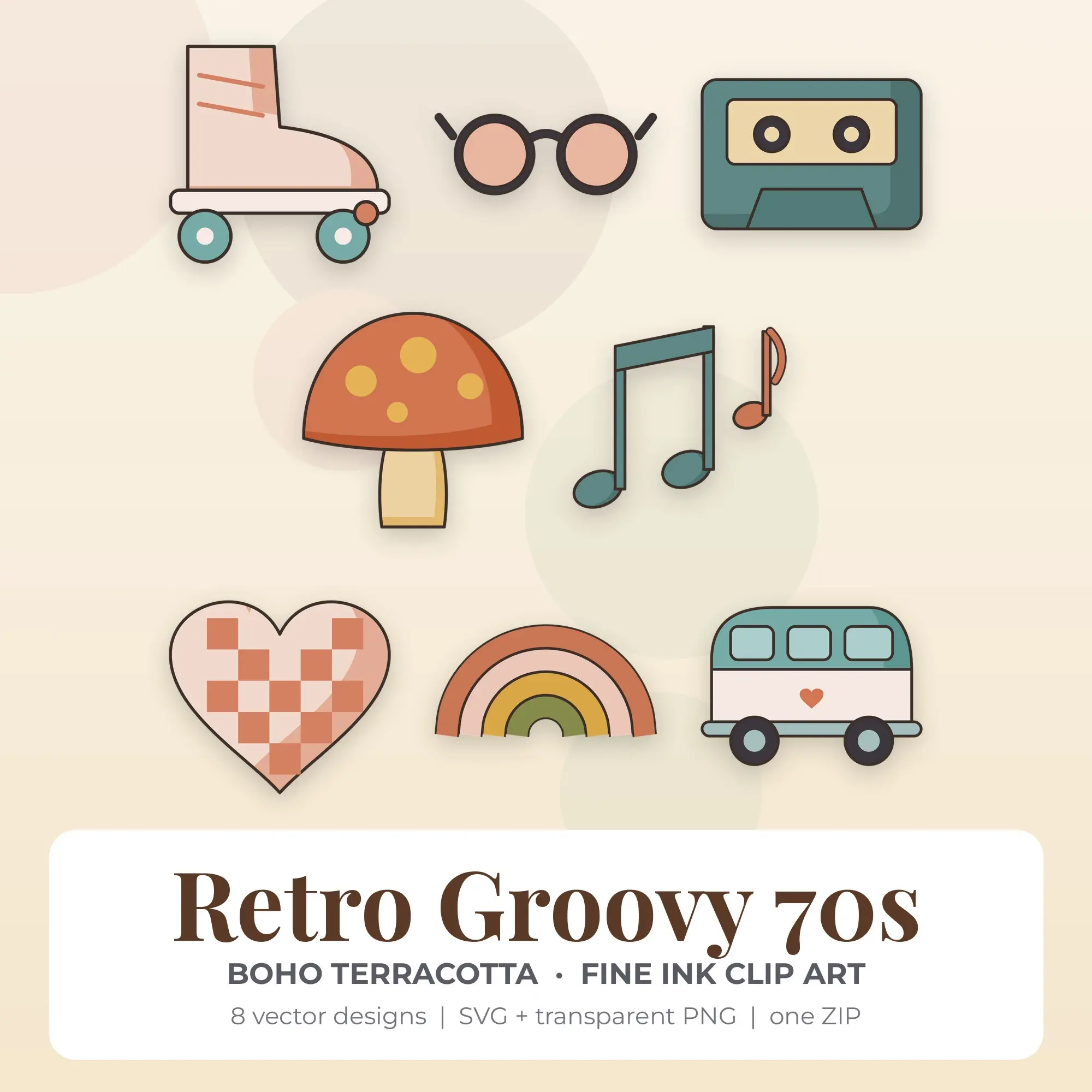 Retro Groovy 70s SVG Clipart Pack, Fine Ink Style - 8 Designs preview
