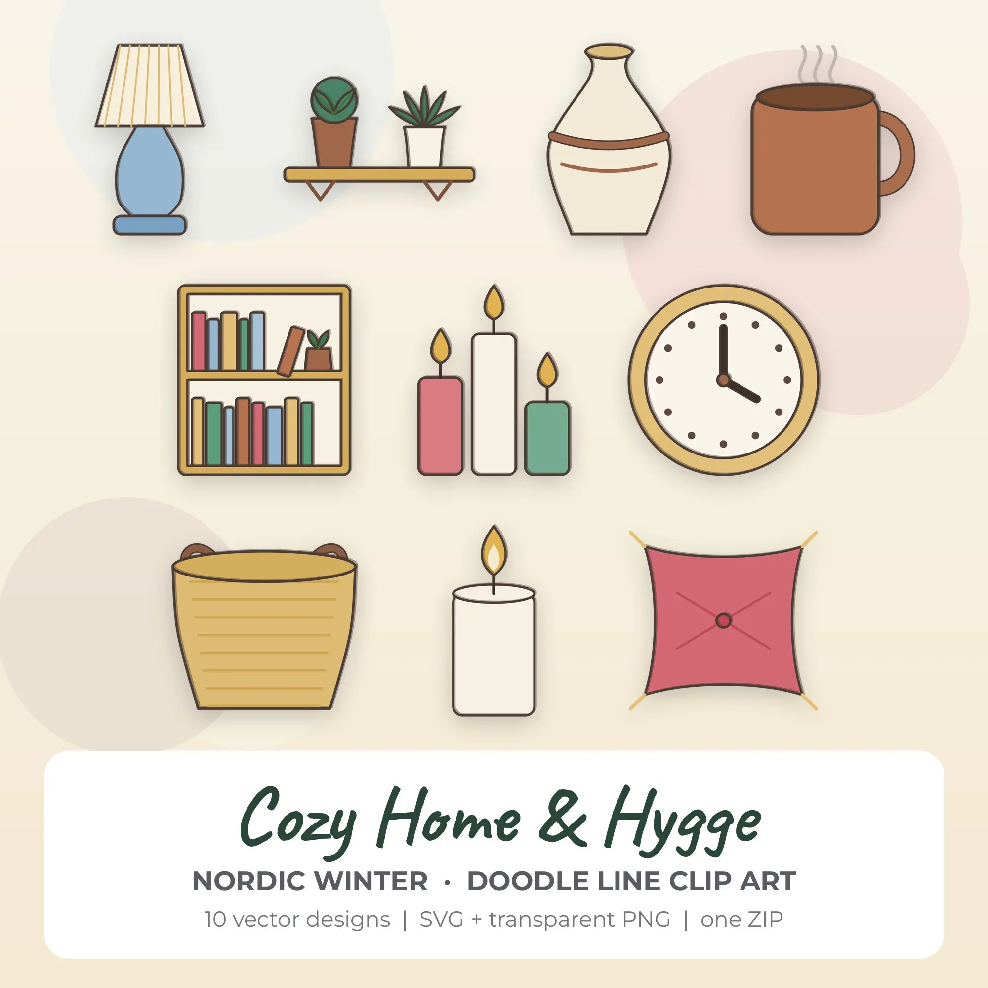 Cozy Home & Hygge Clipart, Nordic Winter Doodle Line - 10 SVG PNG preview