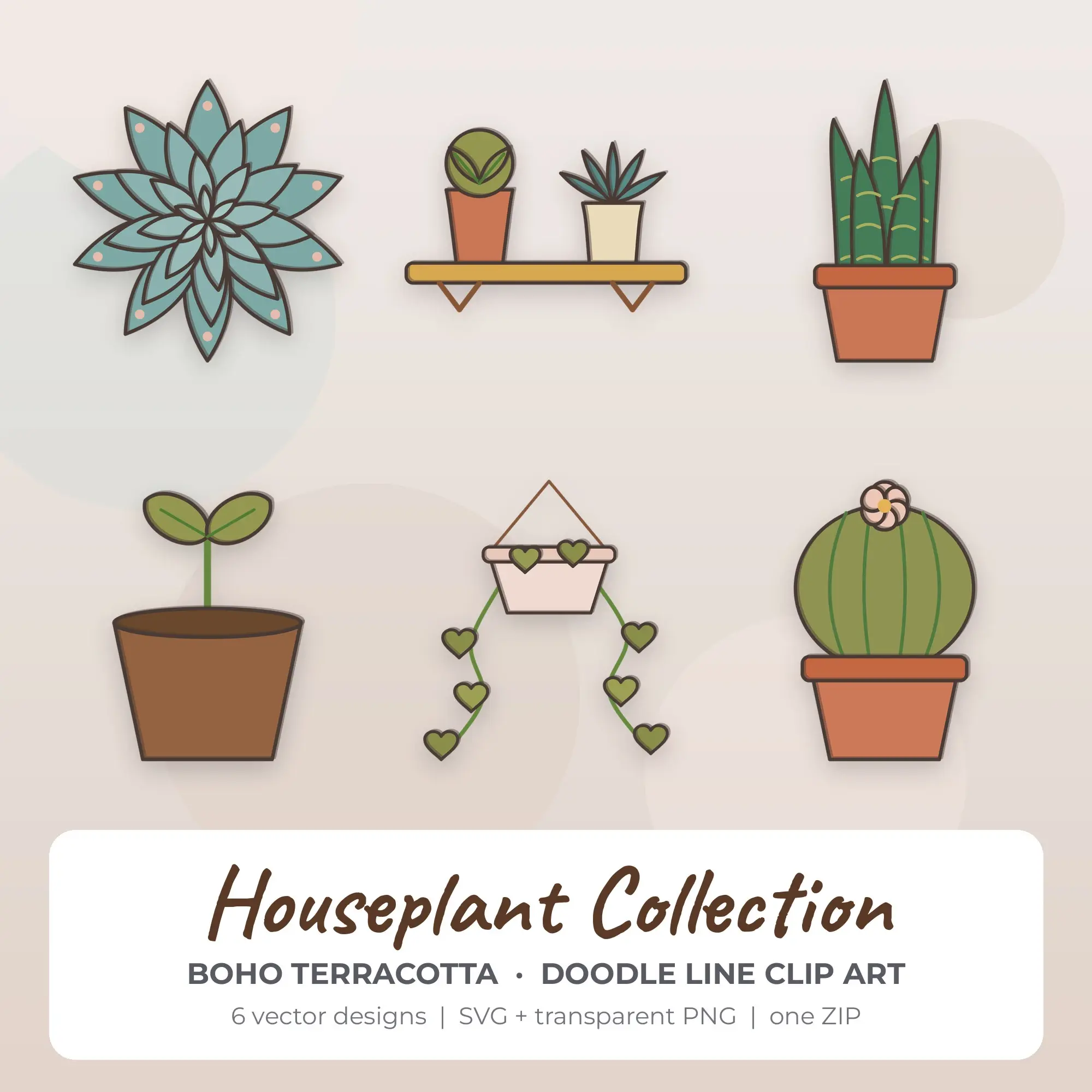 6 Doodle Line Houseplant Collection Clipart Illustrations, SVG PNG preview