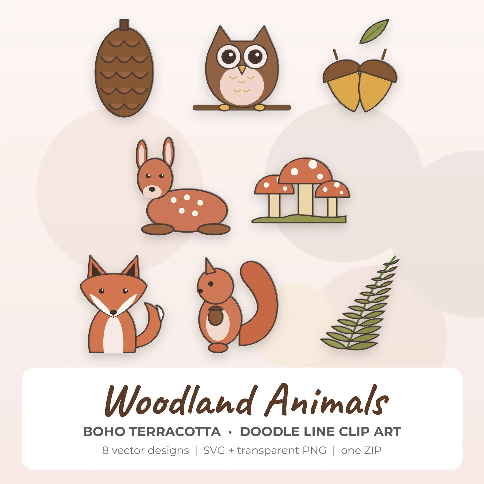 Woodland Animals Clipart, Boho Terracotta Doodle Line - 8 SVG PNG preview
