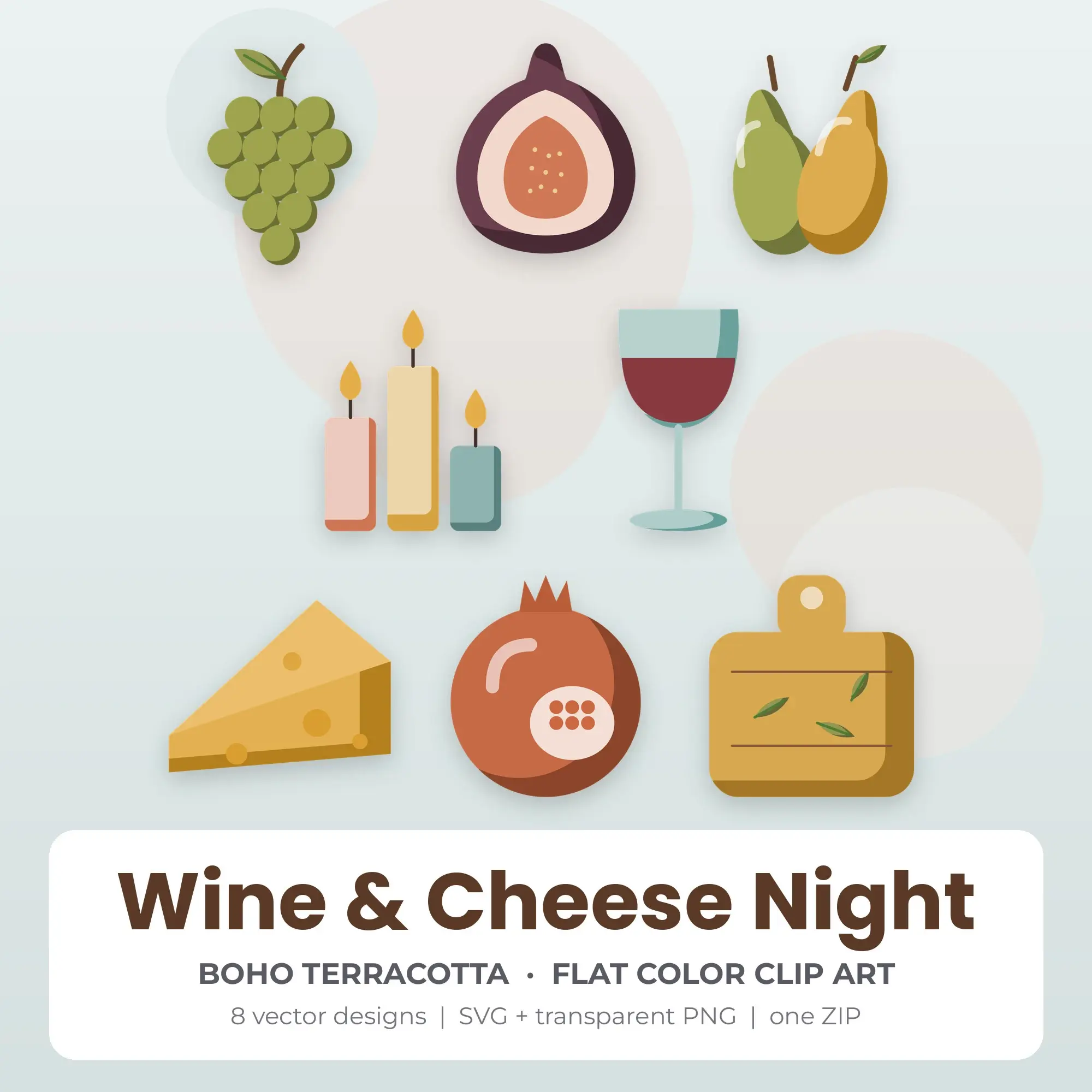 8 Flat Color Wine & Cheese Night Clipart Illustrations, SVG PNG preview