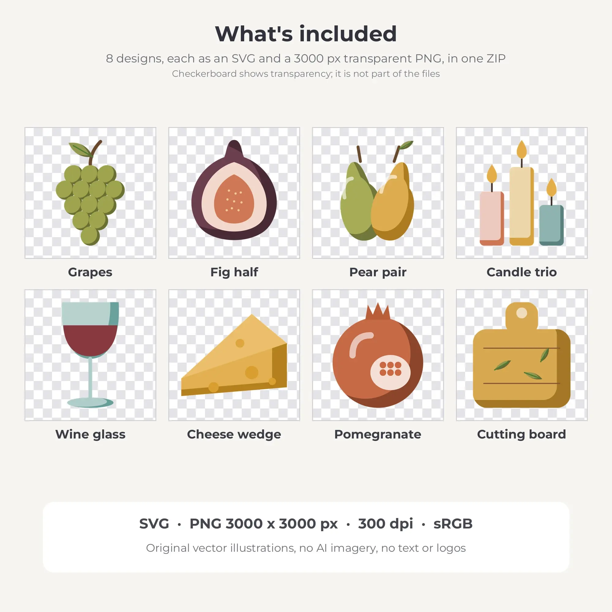 8 Flat Color Wine & Cheese Night Clipart Illustrations, SVG PNG, preview 2 of 2