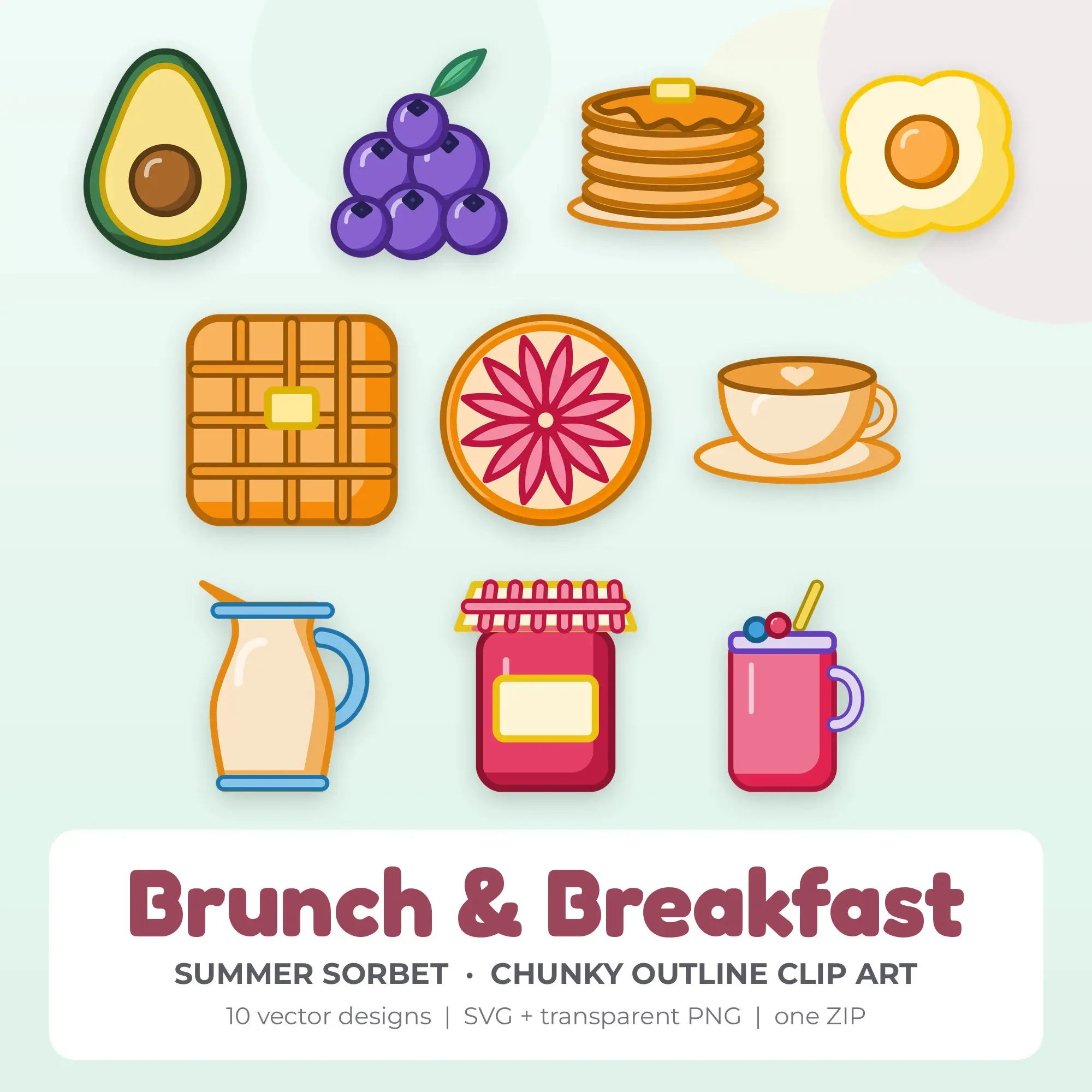 Brunch & Breakfast SVG Clipart Pack, Chunky Outline Style - 10 Designs preview
